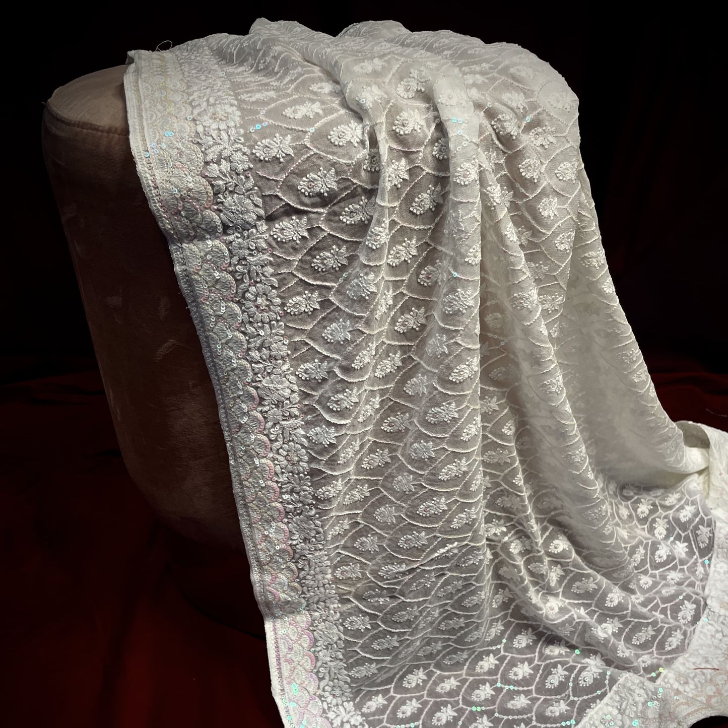 Premium White Heavy Thread Sequins Embroidery Georgette Dupatta