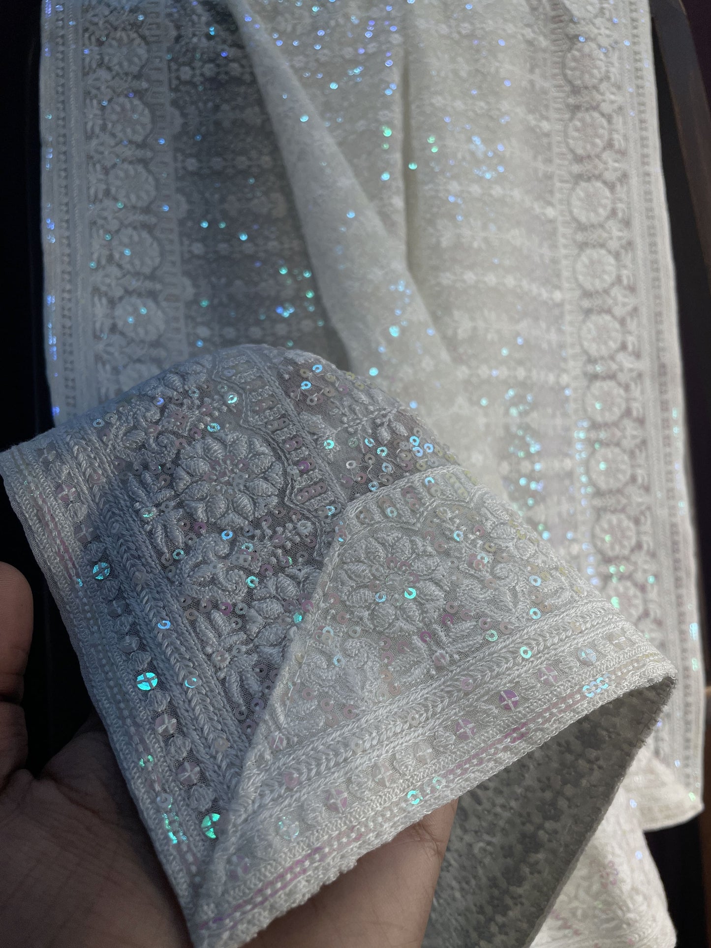 Premium White Heavy Traditional Thread Sequins Embroidery Georgette Dupatta