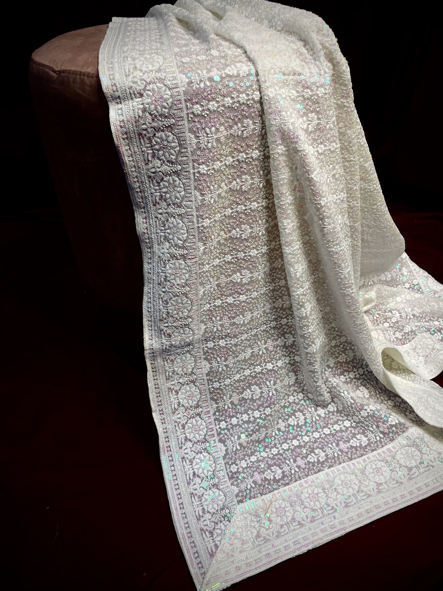 Premium White Heavy Traditional Thread Sequins Embroidery Georgette Dupatta