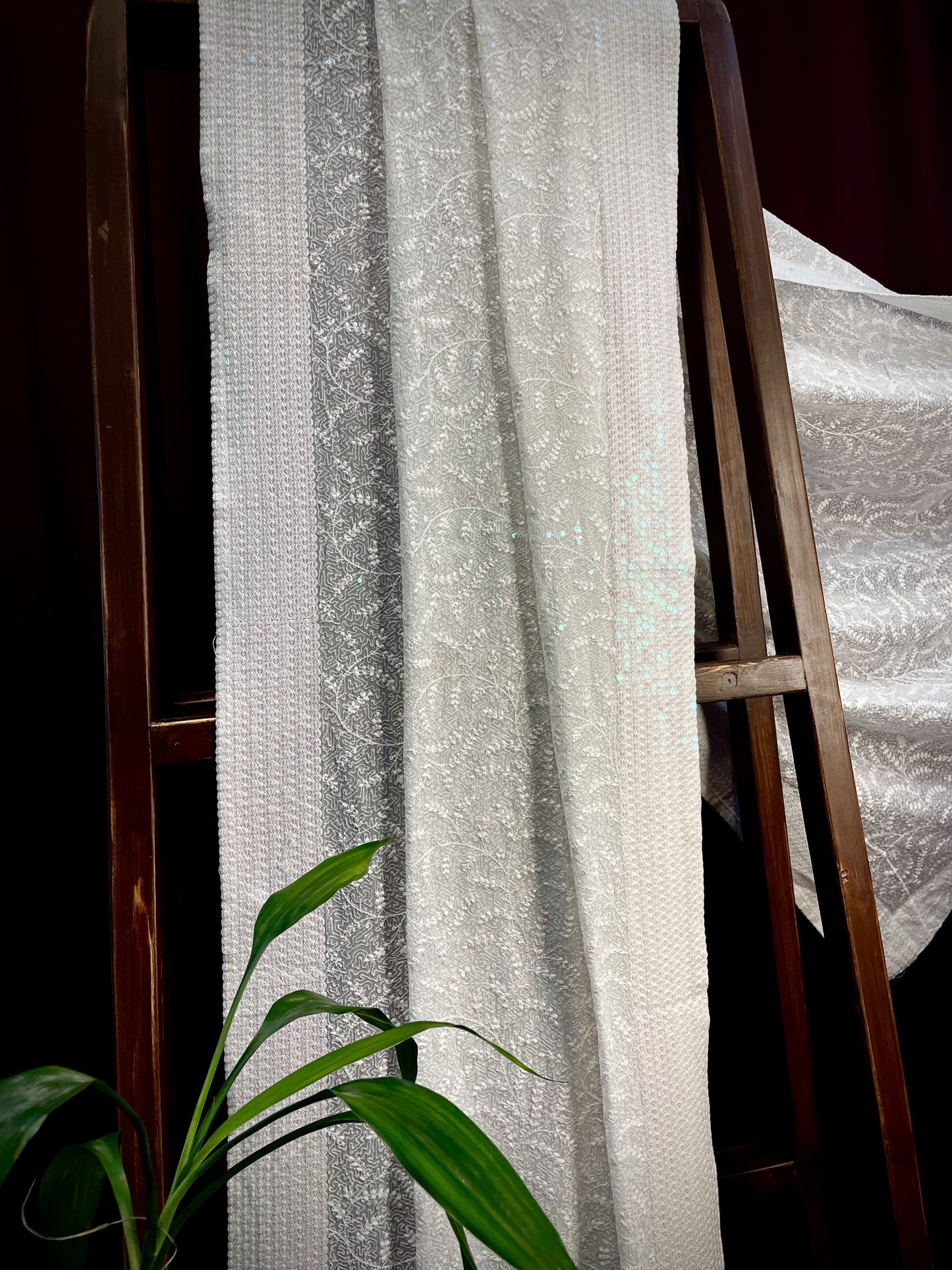 Premium White Abstract Thread Sequins Embroidery Georgette Dupatta