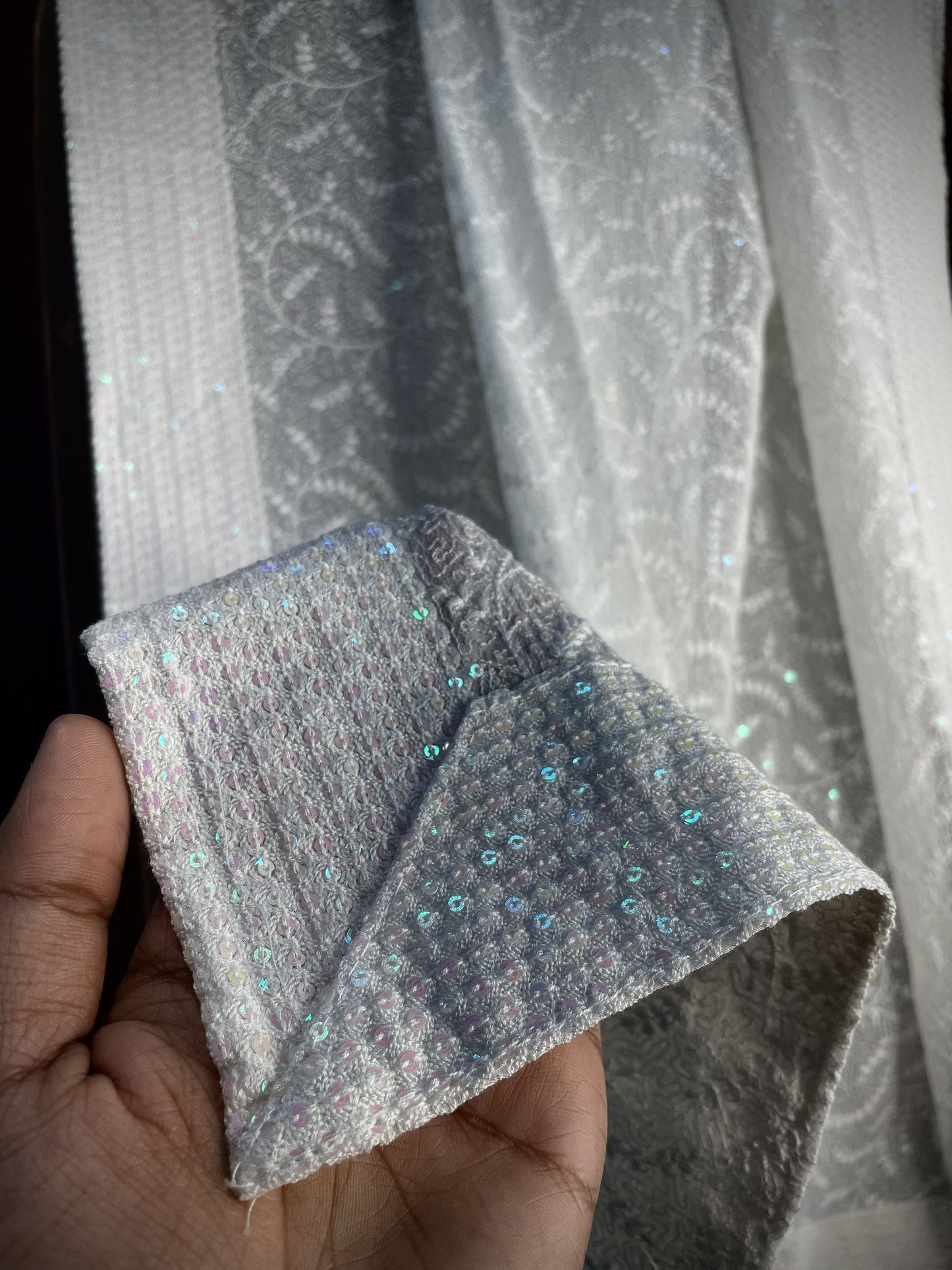 Premium White Abstract Thread Sequins Embroidery Georgette Dupatta