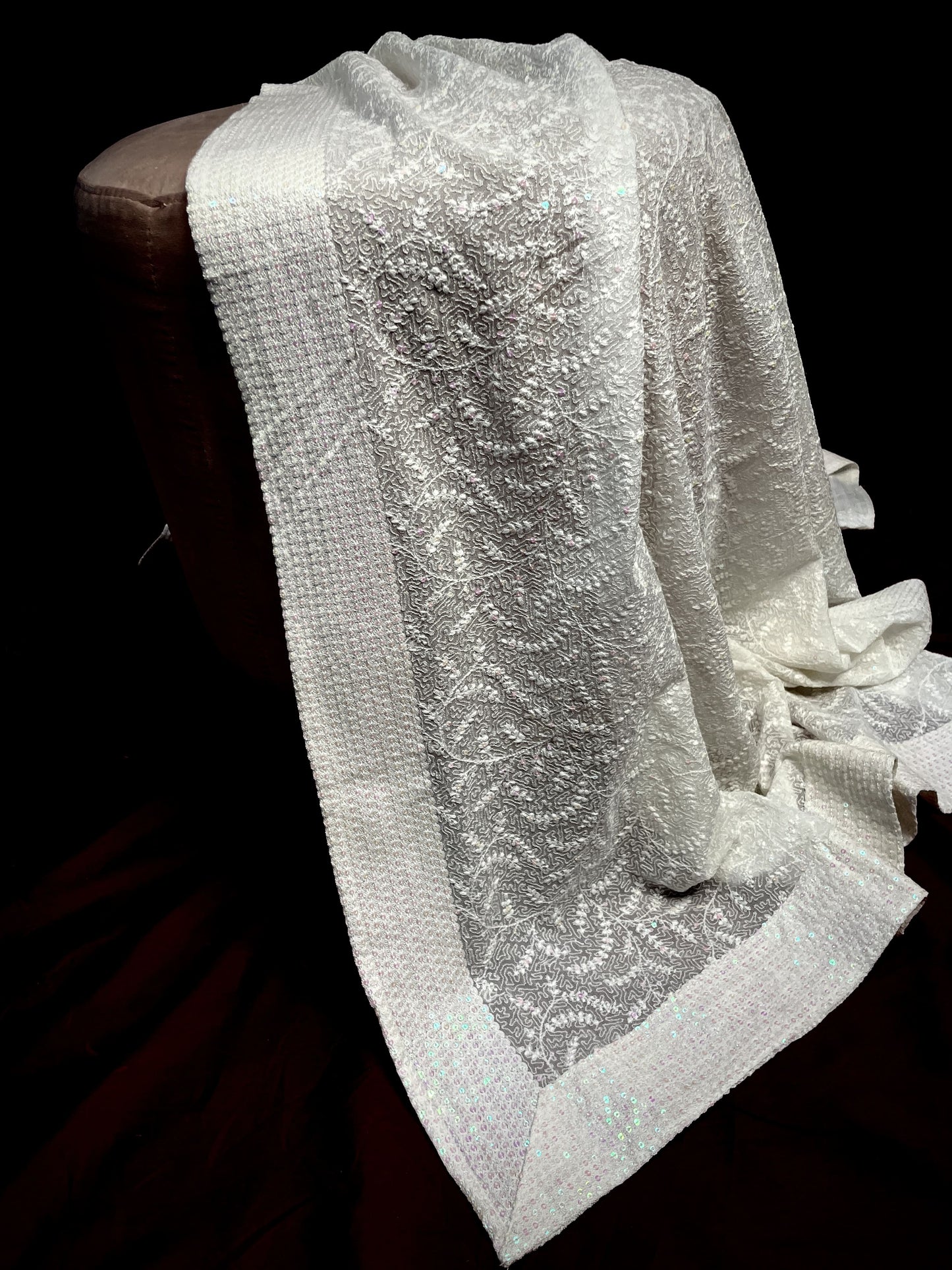 Premium White Abstract Thread Sequins Embroidery Georgette Dupatta