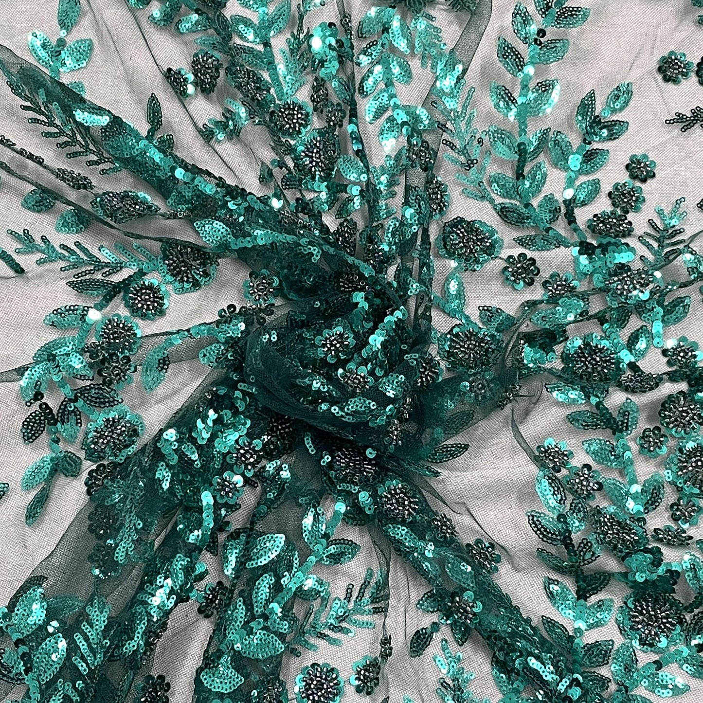 classic green floral sequence handwork embroidery net fabric