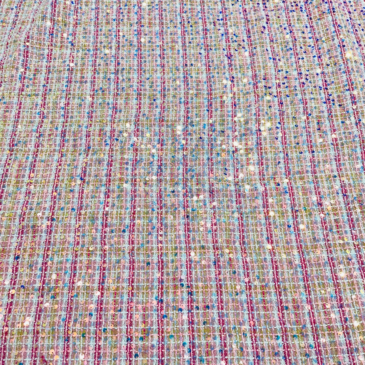 Pink Check Sequence Embroidery Tweed Fabric - TradeUNO
