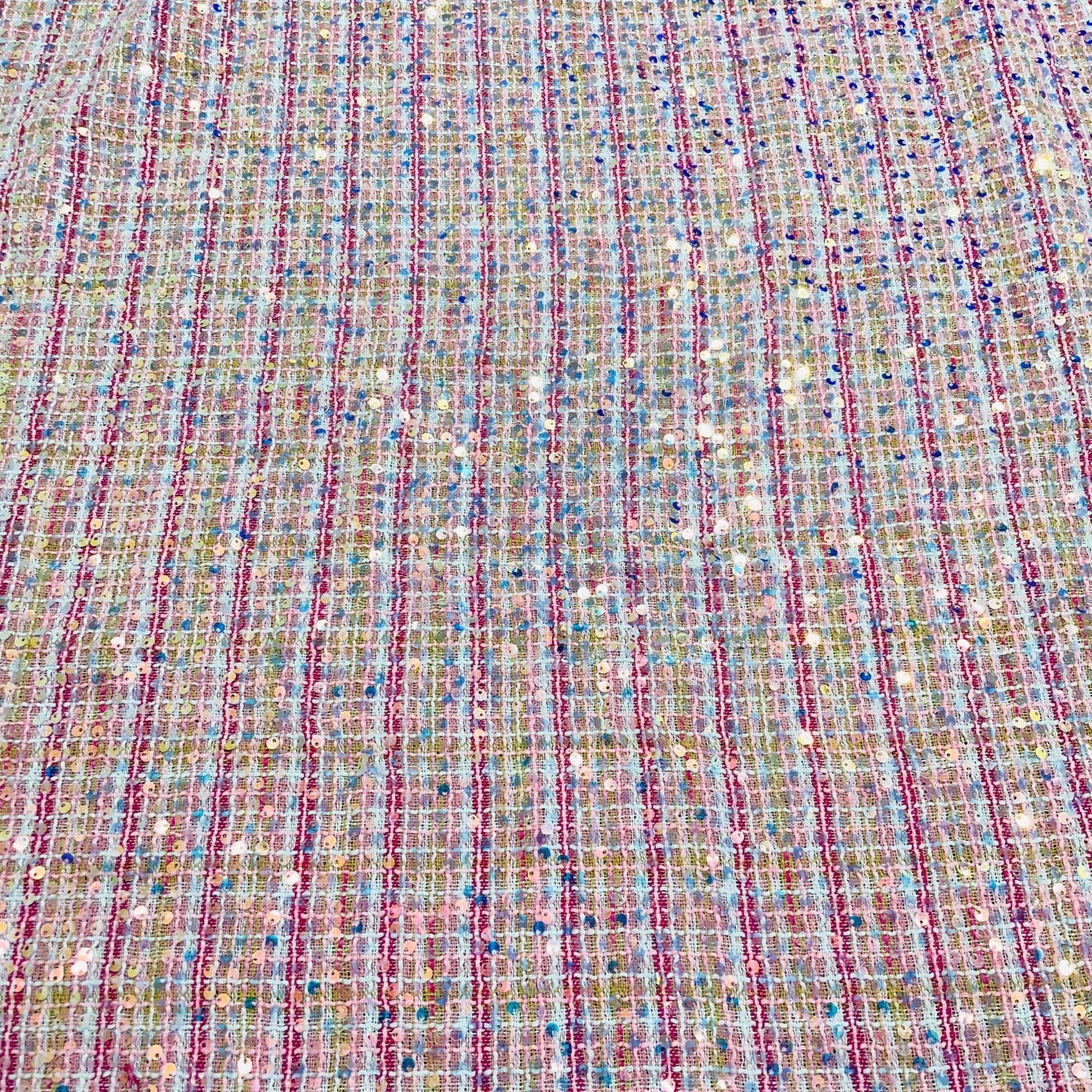 Pink Check Sequence Embroidery Tweed Fabric - TradeUNO