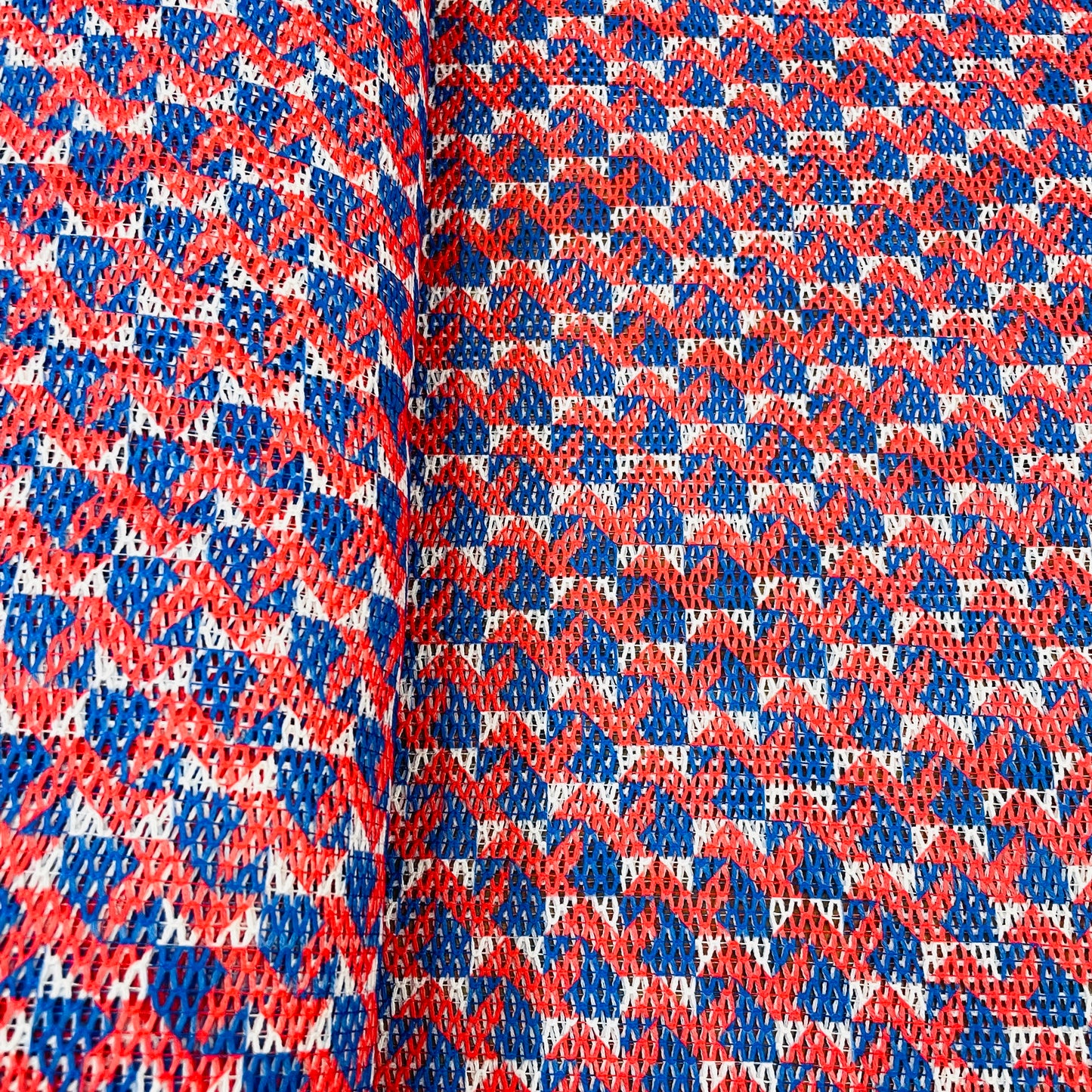 Premium Red Blue Geometrical Print Cotton Crochet Fabric
