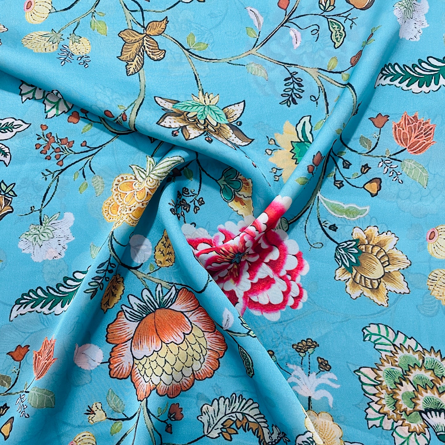 Sea Blue Multicolor Floral Print Georgette Satin Fabric