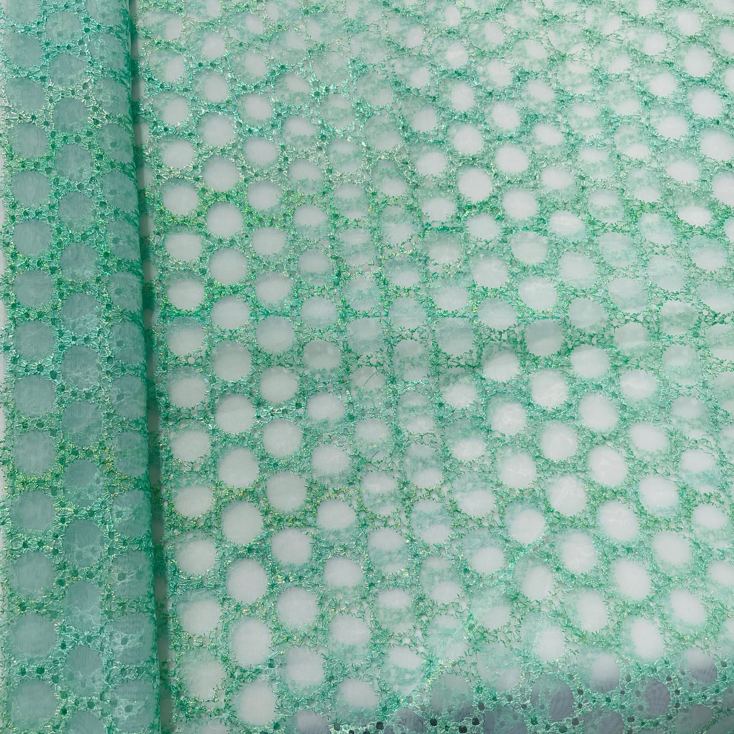 Green Geometerical Sequence Embroidery Organza Fabric