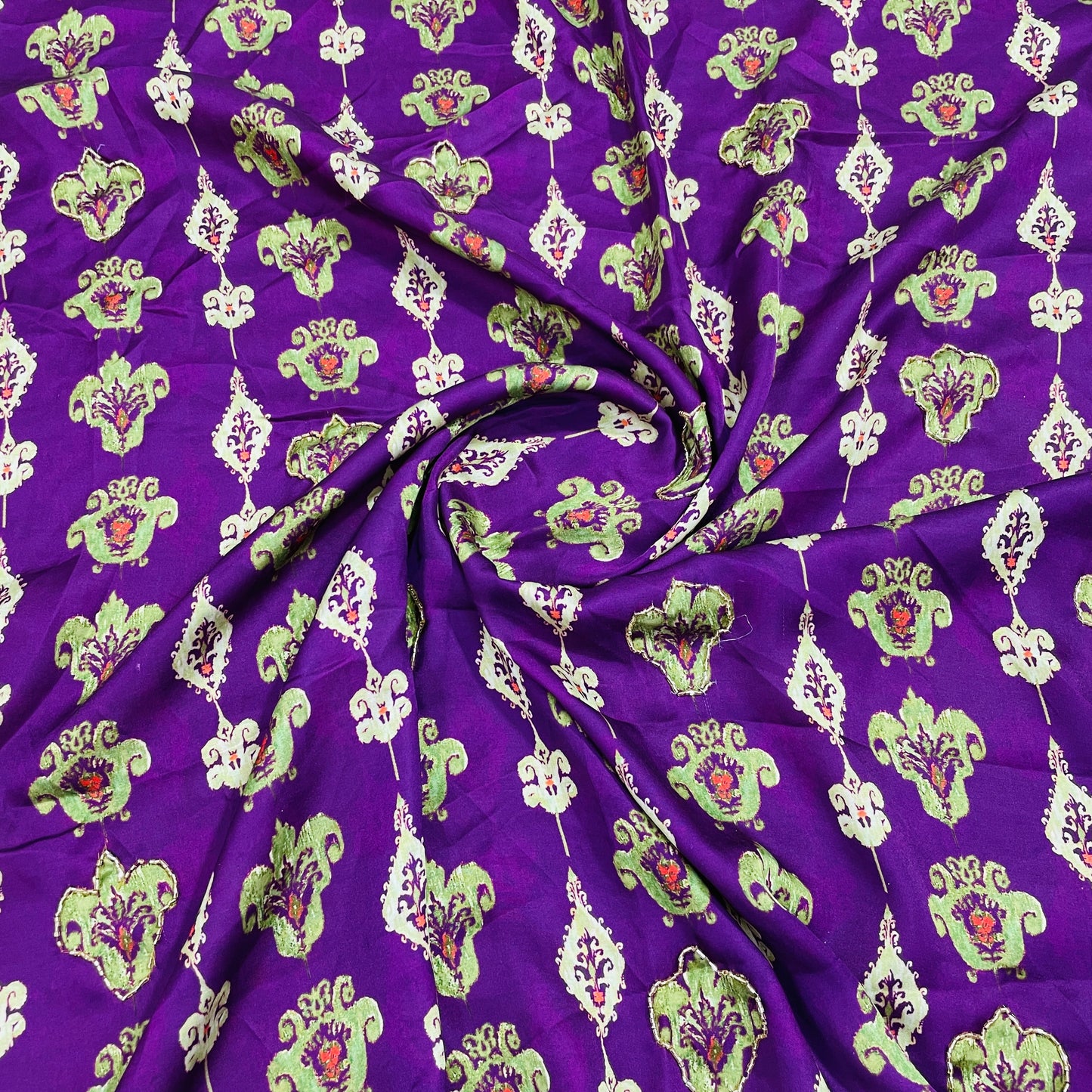 Purple Floral Hand Embroidery Modal Satin Fabric - TradeUNO