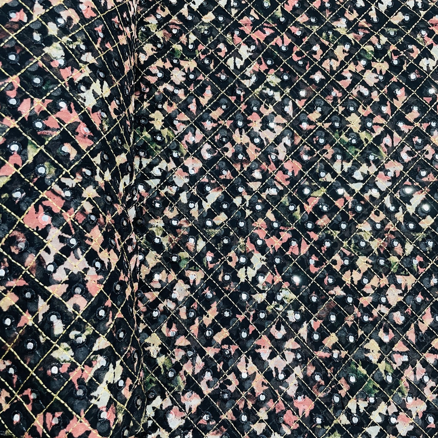 Black & Peach Pink Zari With Mirror Work Embroidery Georgette Fabric - TradeUNO