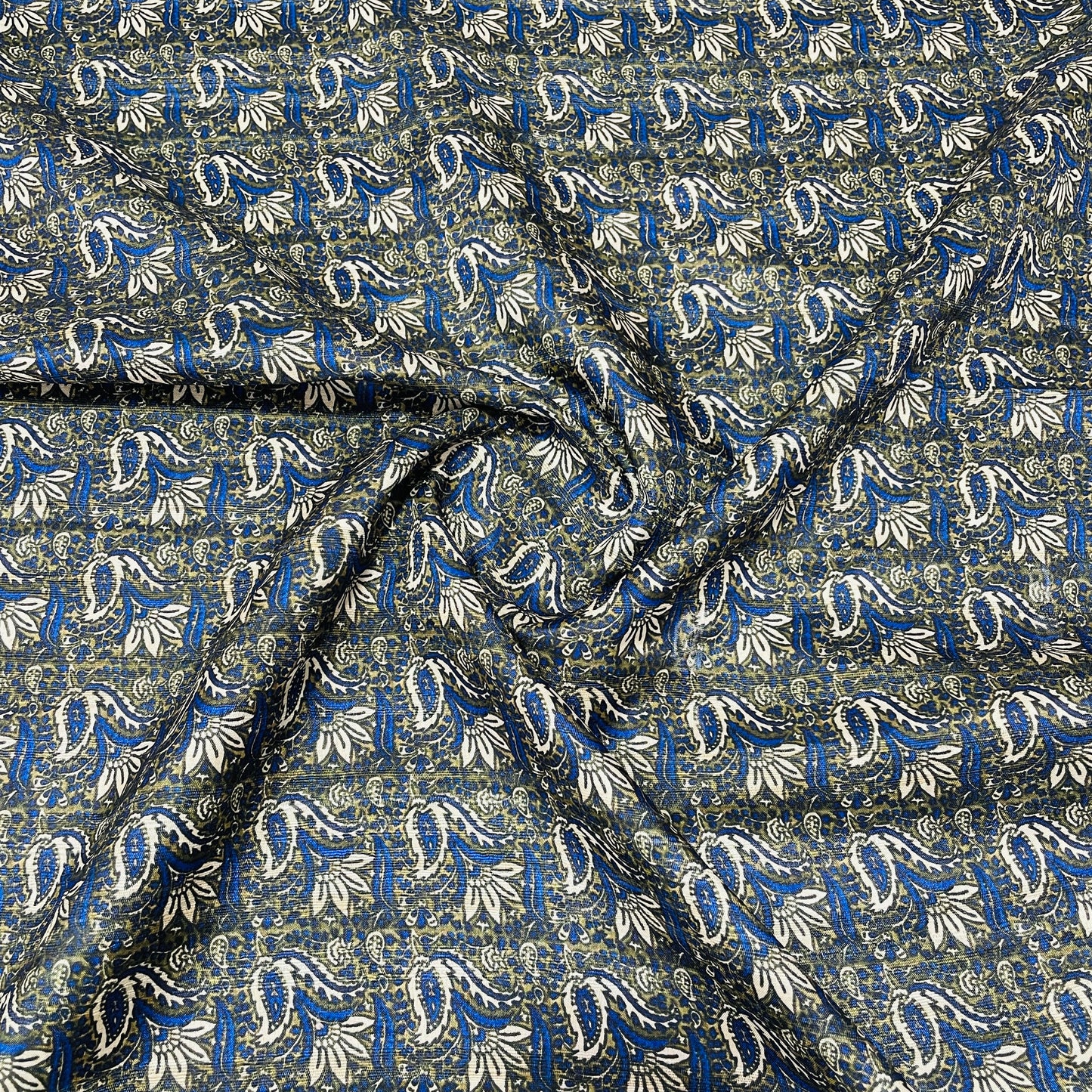 olive green blue floral print tusser silk