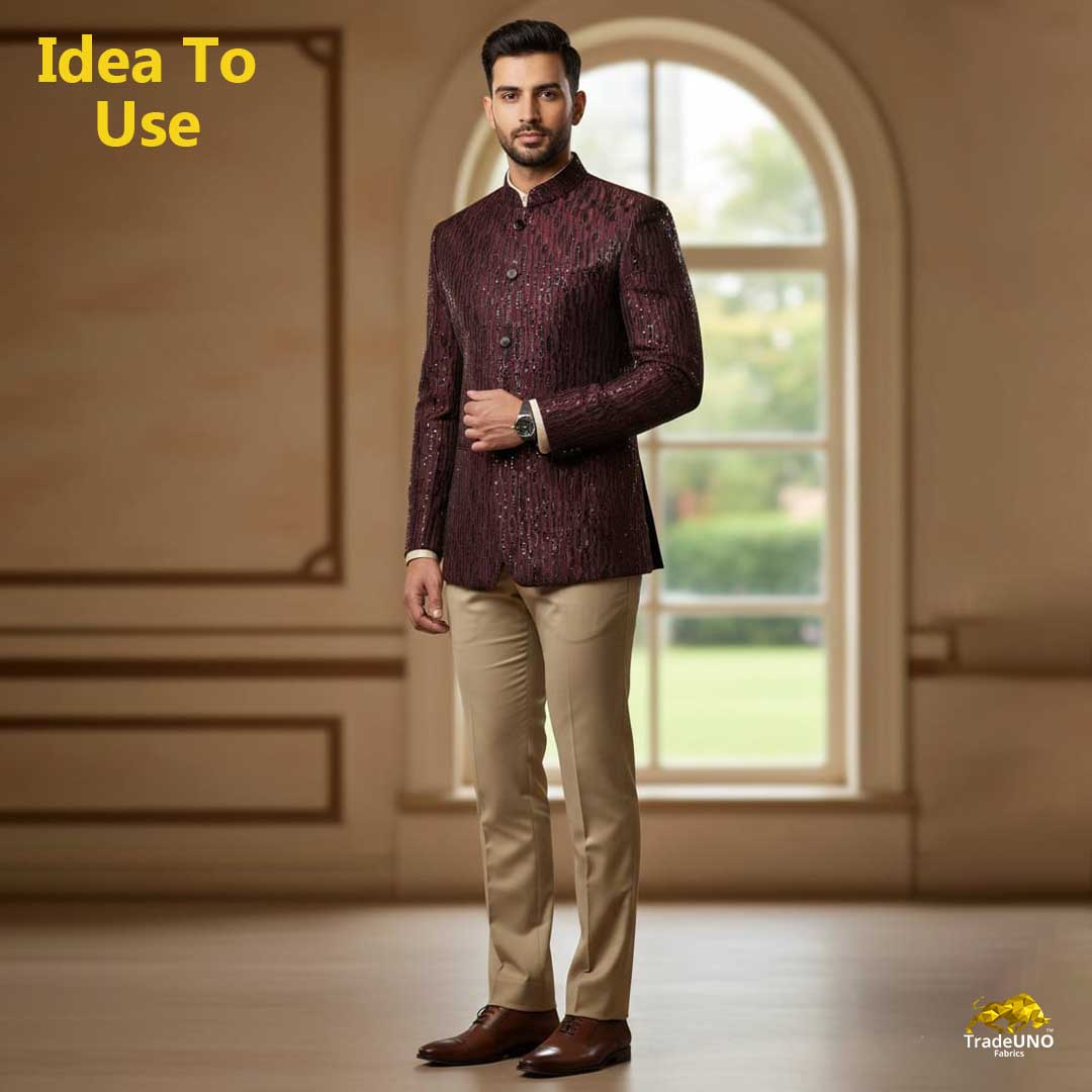 Maroon Sequins Thread Embroidery Russian Silk Fabric 19918