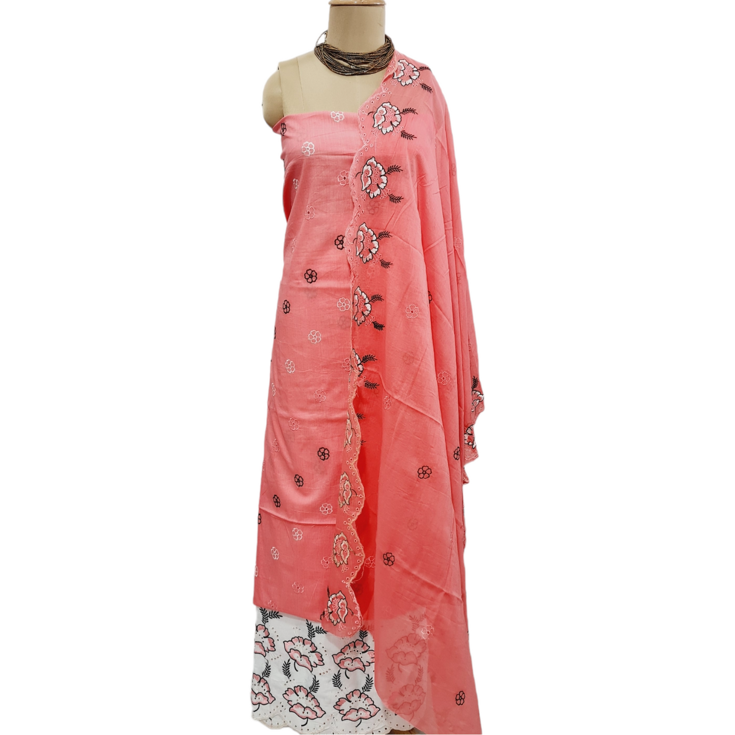 Pink & Black Floral Embroidery Cotton Suit Set With Dupatta - TradeUNO