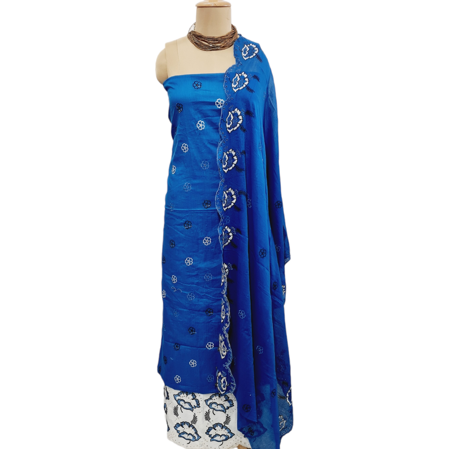 Dark Blue & Black Floral Embroidery Cotton Suit Set - TradeUNO