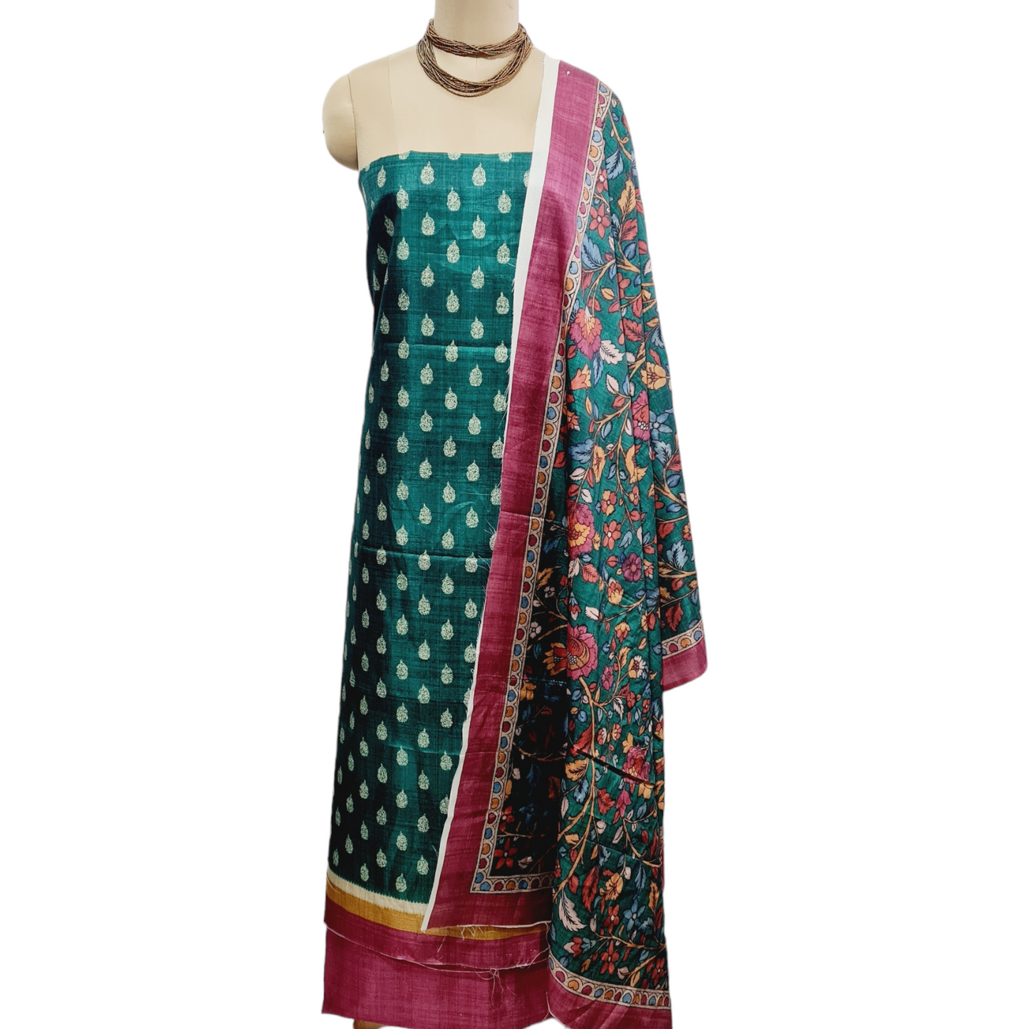 Pink Floral Print Ghicha Silk Suit Set With Dupatta - TradeUNO