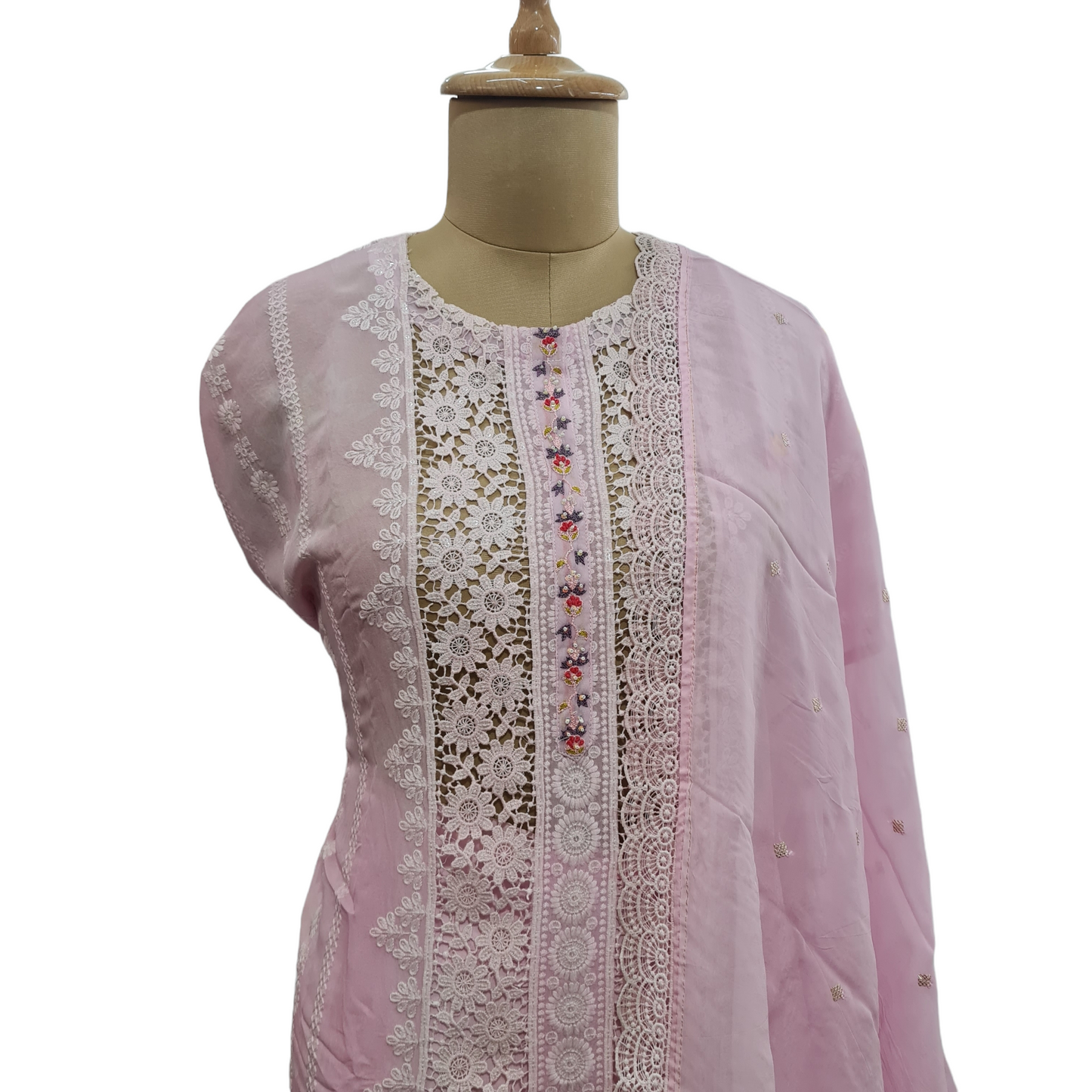 Pink Floral Beads Sequence Thread Embroidery Suit Set With Dupatta - TradeUNO