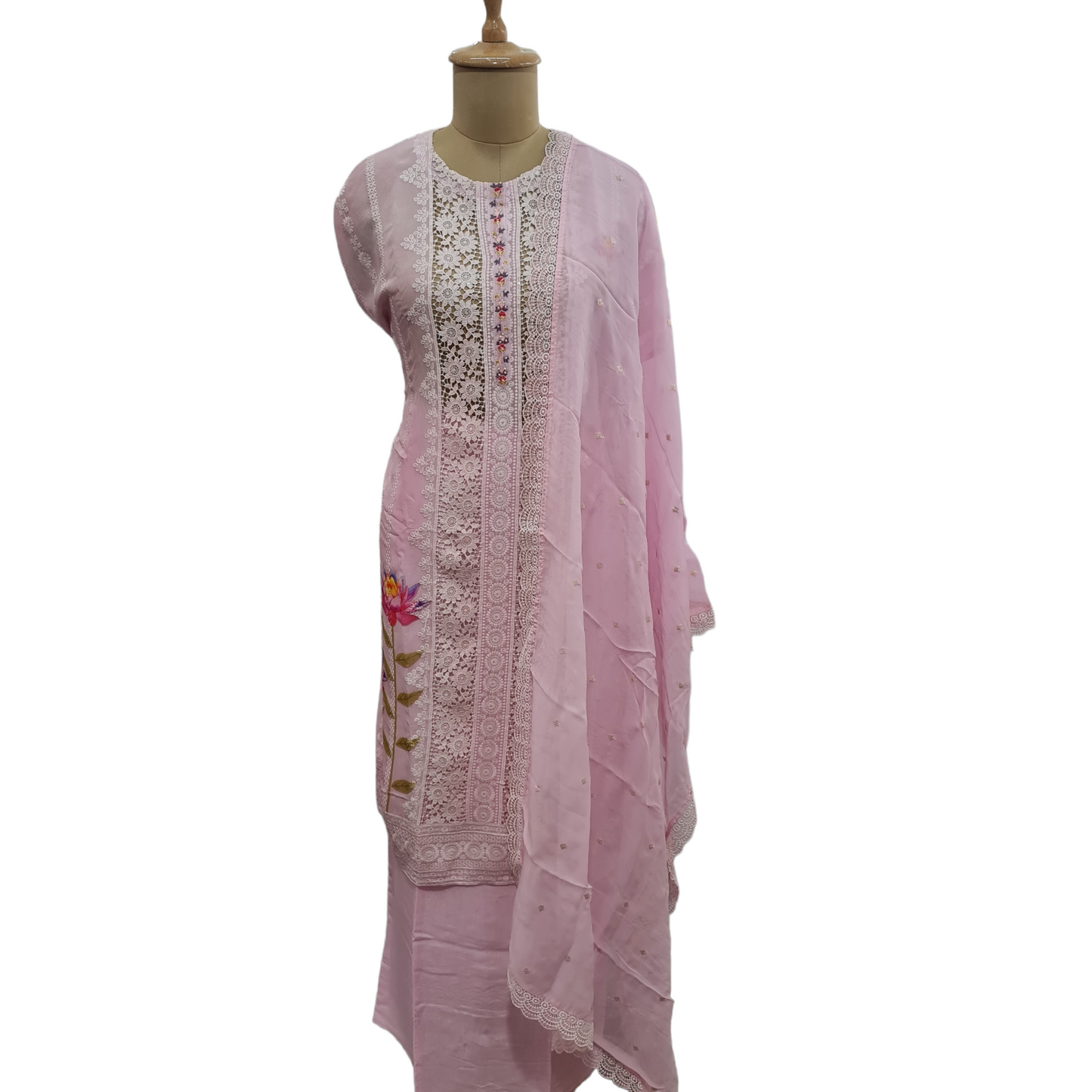 Pink Floral Beads Sequence Thread Embroidery Suit Set With Dupatta - TradeUNO