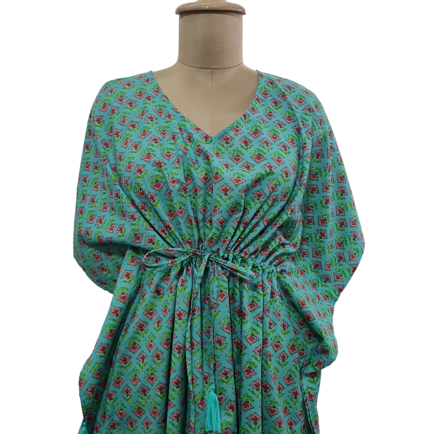Green Pink Floral Print Cotton Kaftan - TradeUNO