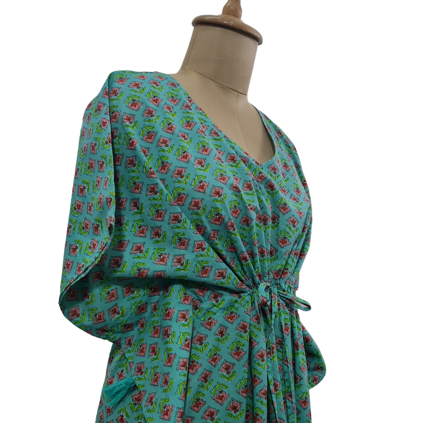 Green Pink Floral Print Cotton Kaftan - TradeUNO