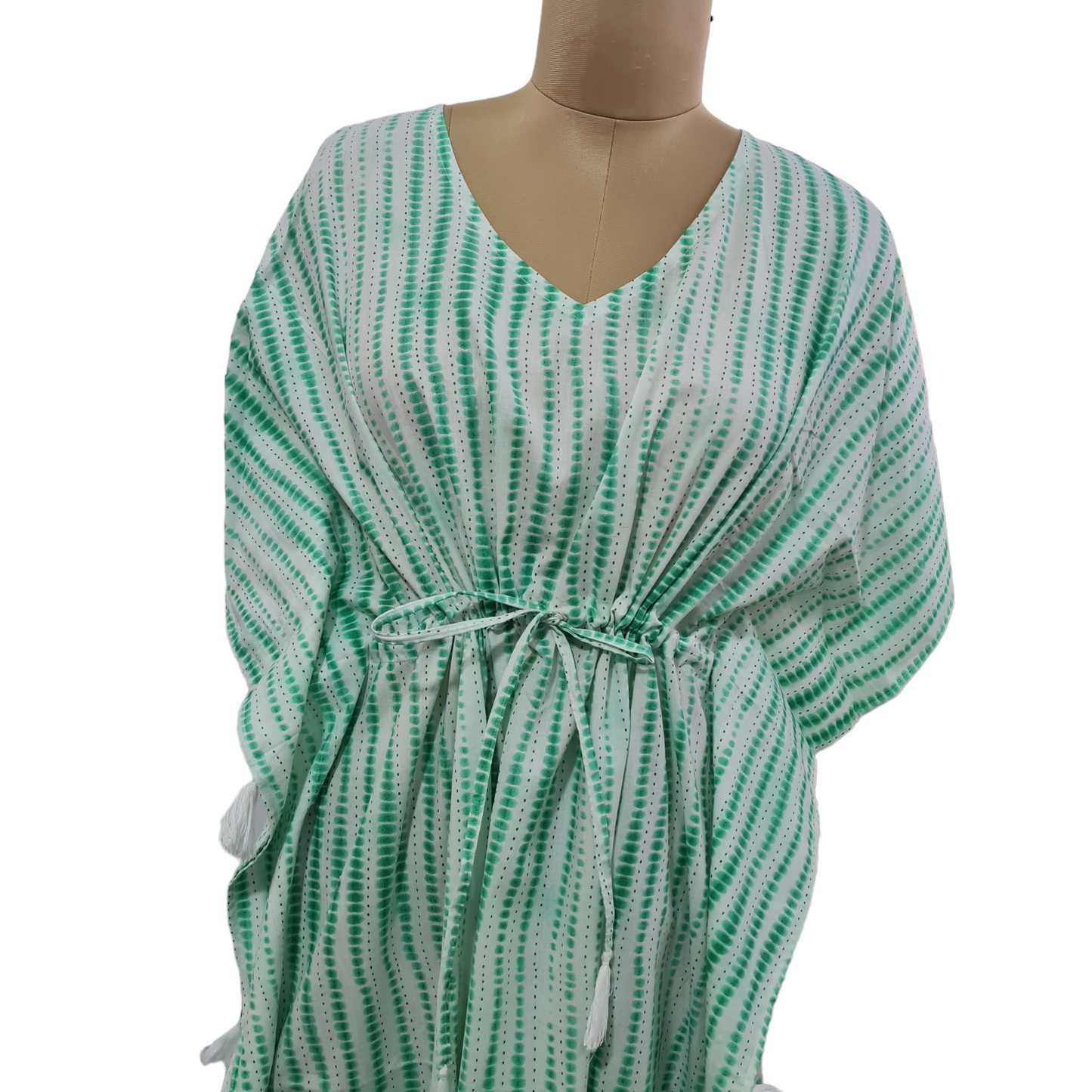 White Green Tie Dye Print Cotton Kaftan - TradeUNO