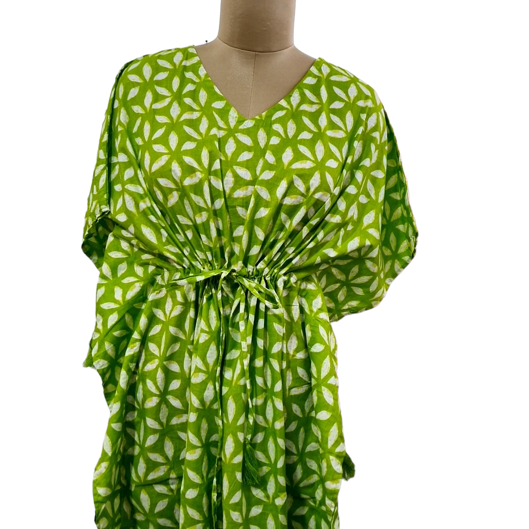 Green White Floral Print Cotton Kaftan - TradeUNO