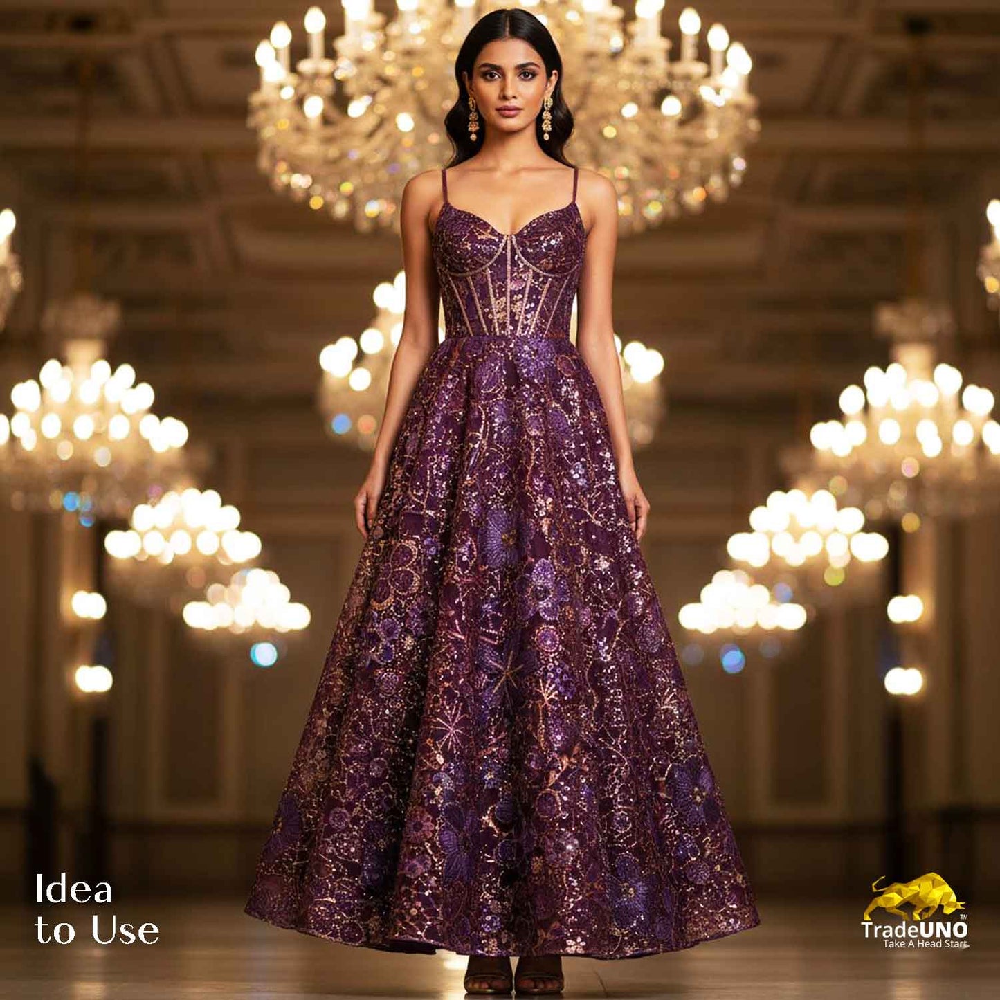 Purple & Golden Imported Sequins Embroidery Net Fabric