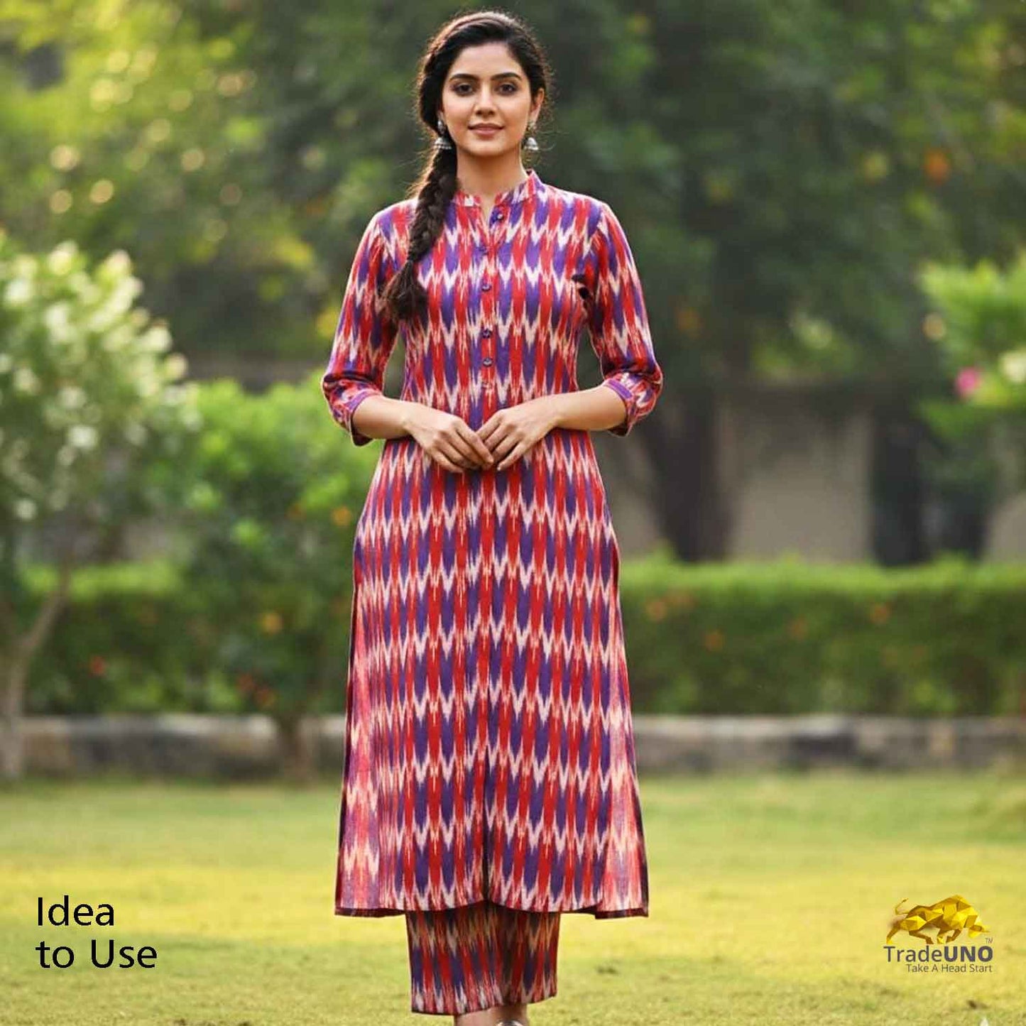 Red & Purple Ikkat Print Cotton Fabric