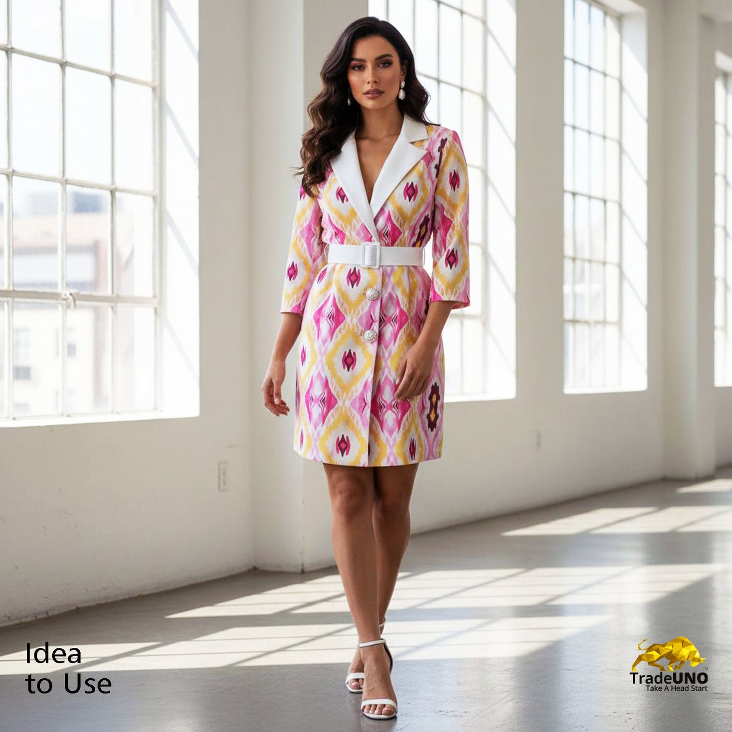 Exclusive Satin Georgette Yellow Pink Ikkat Abstract Print Fabric VC-17366