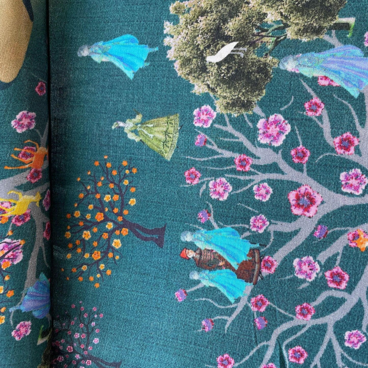 Peacock Green Mughal Print Upada Silk Fabric 21065