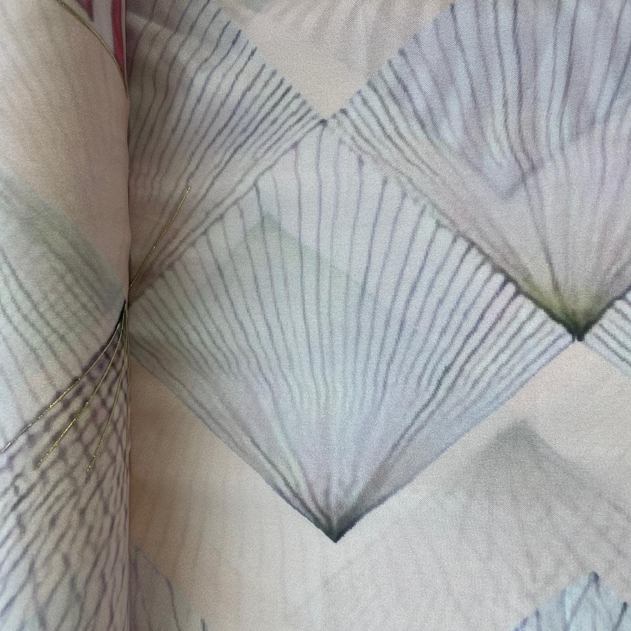 Peach Abstract Floral Foil Work Georgette Satin Fabric 18380