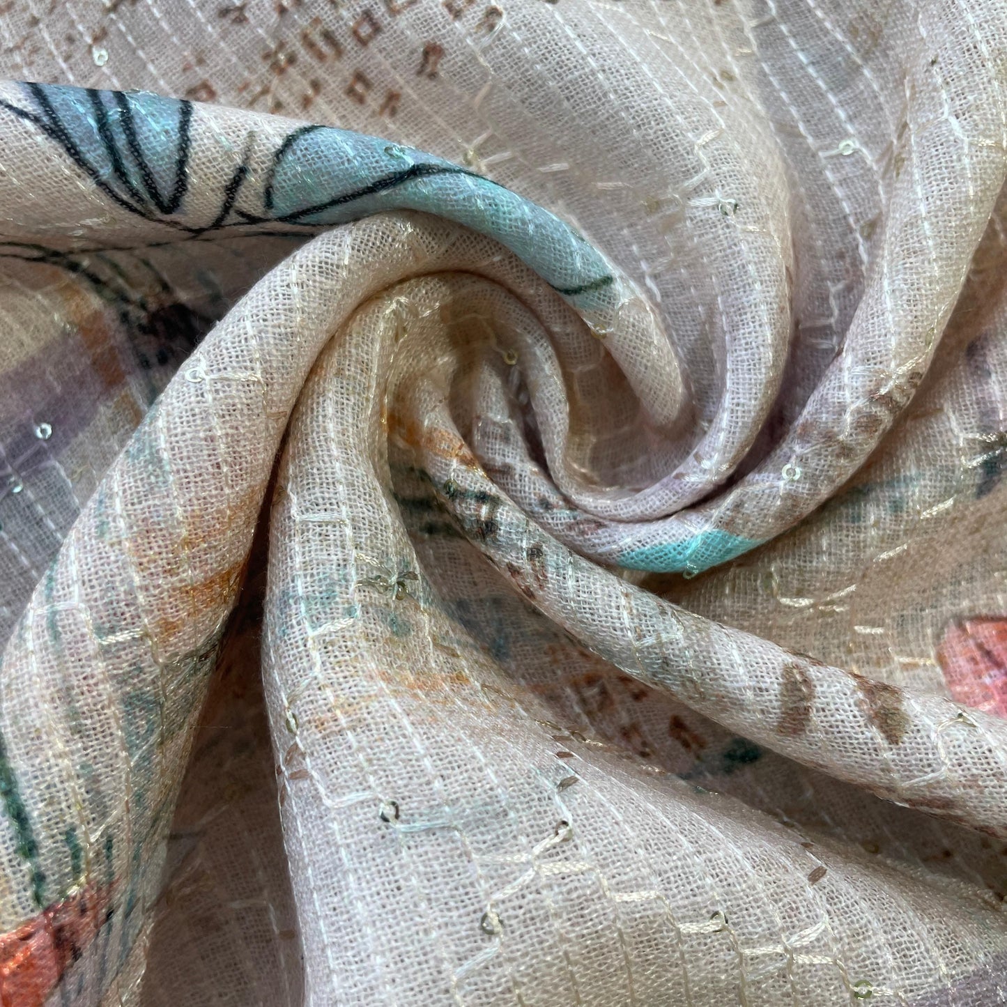 Cream & Multicolor Floral Print Sequence Embroidery Linen Fabric 11115