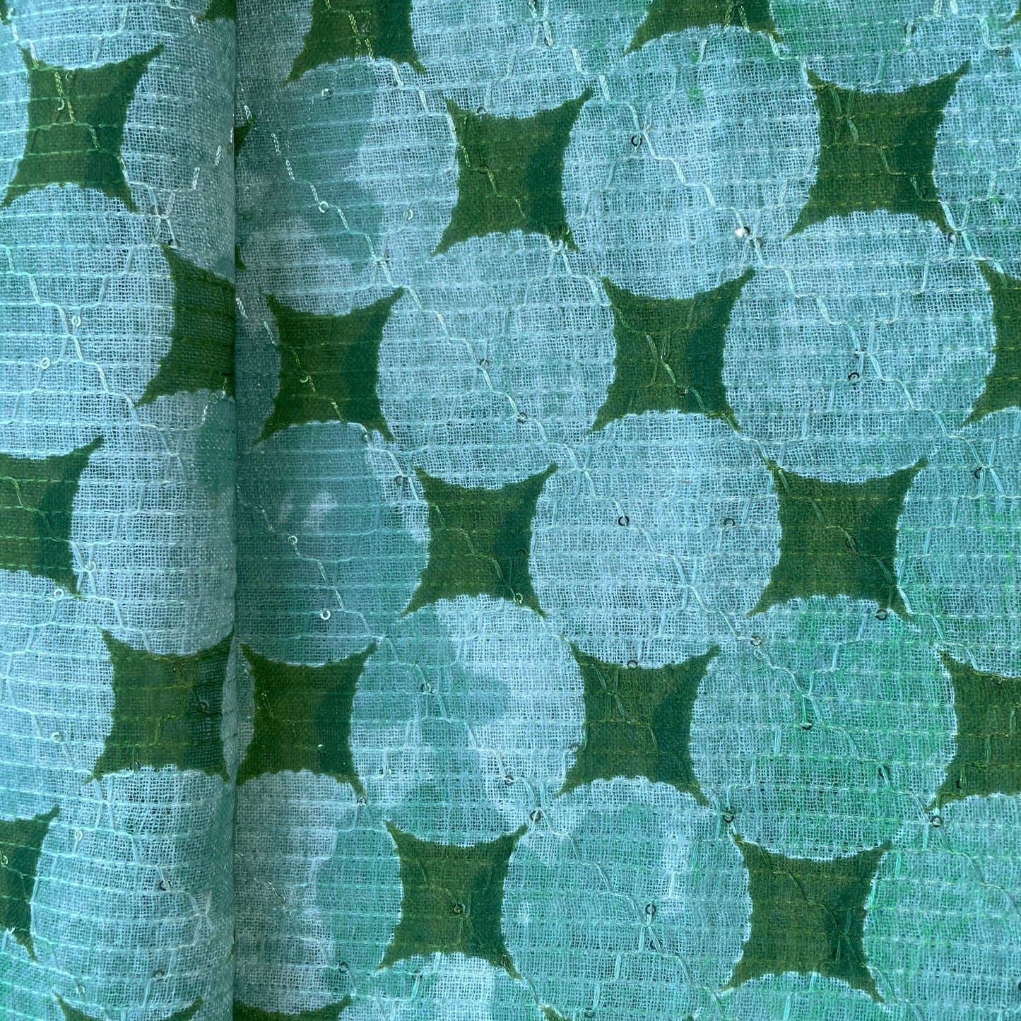 Green Geometerical Print Sequence Embroidery Linen Fabric 11124