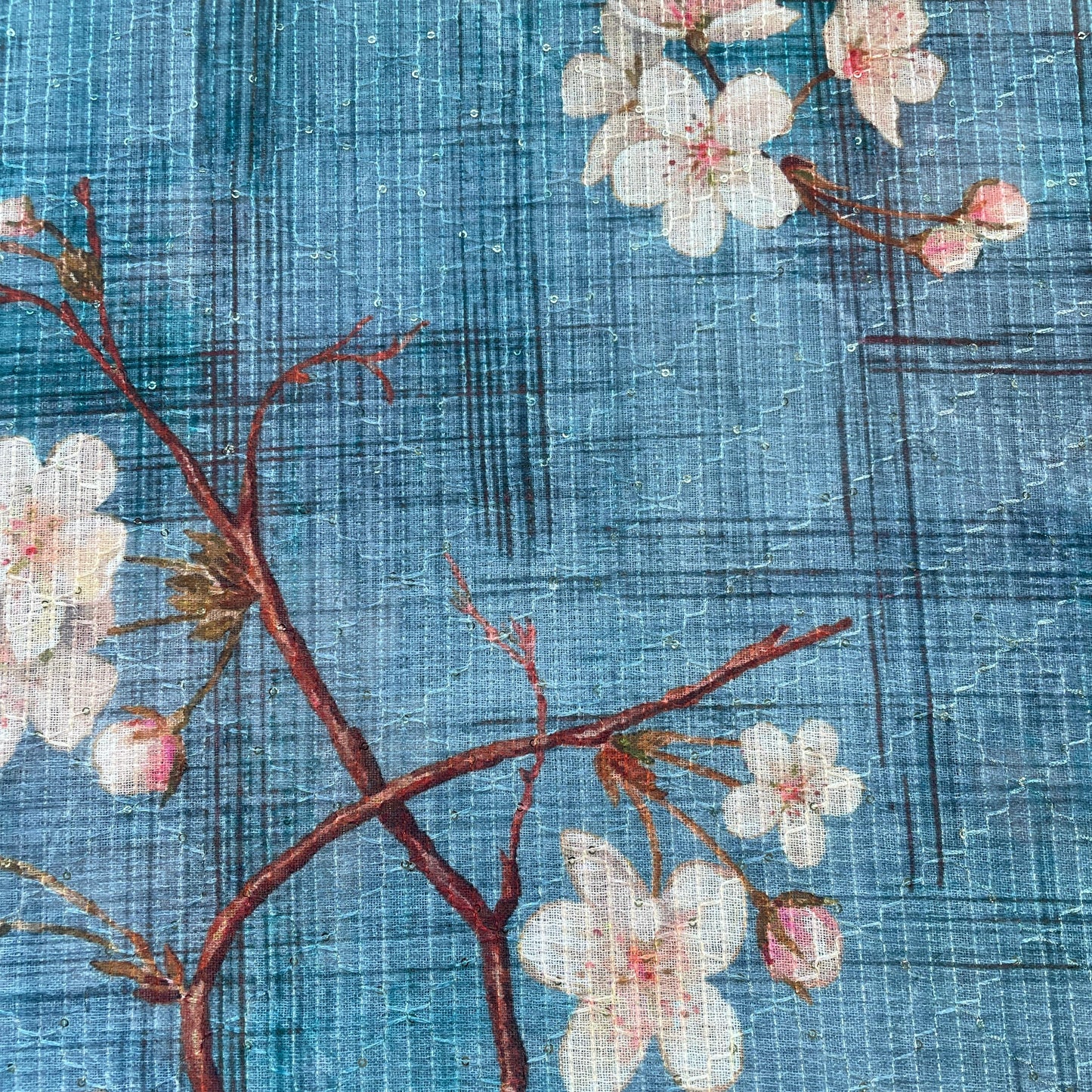 Blue Print Sequence Embroidery Linen Fabric 11123