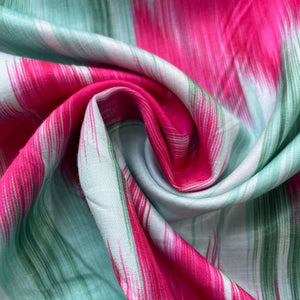 Green Multicolor Ikkat Print Bemberg Gaji Silk Fabric 15550