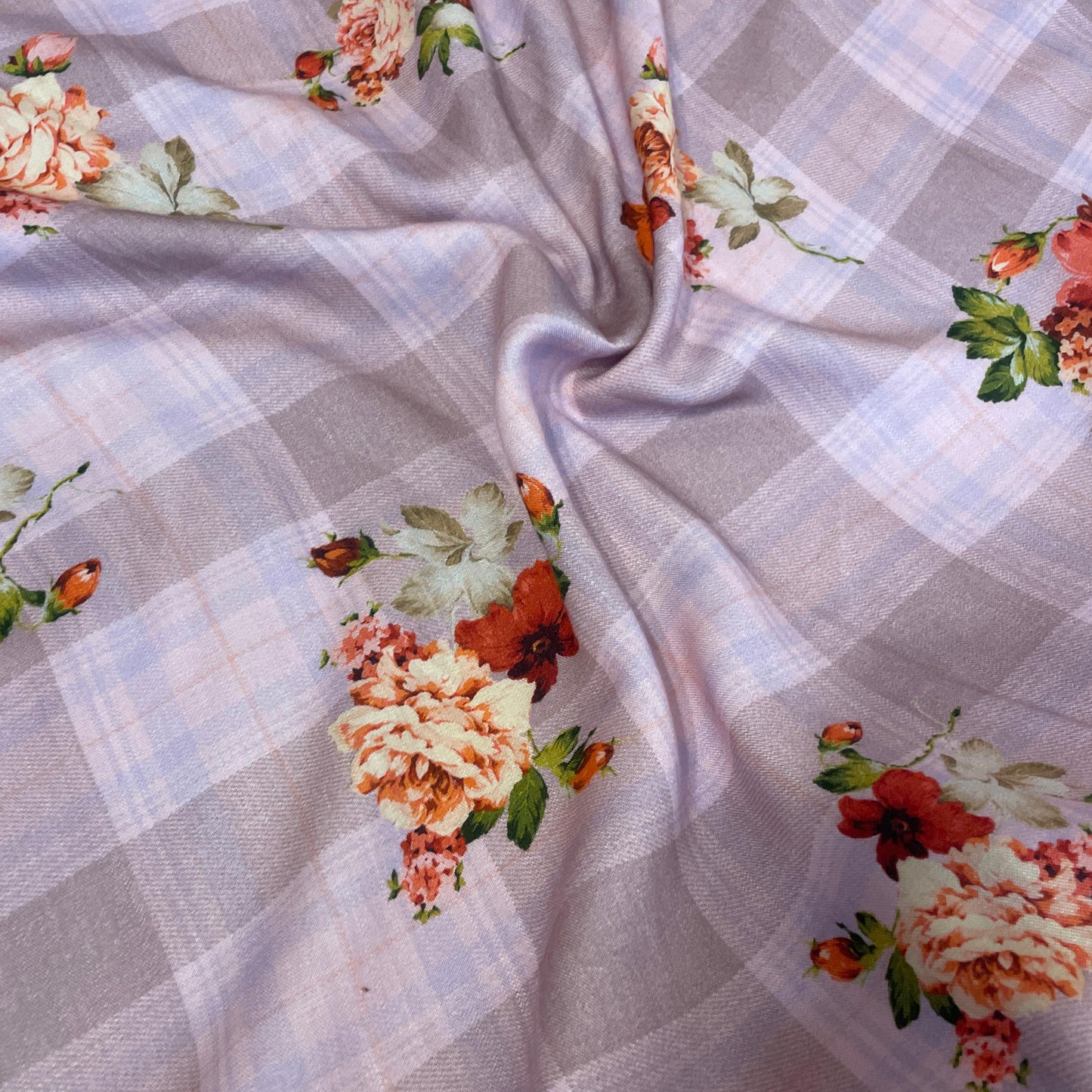 Pink Check Floral Print Spun Fabric 4557