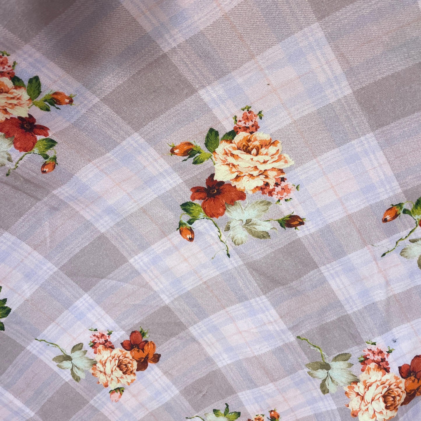 Pink Check Floral Print Spun Fabric 4557
