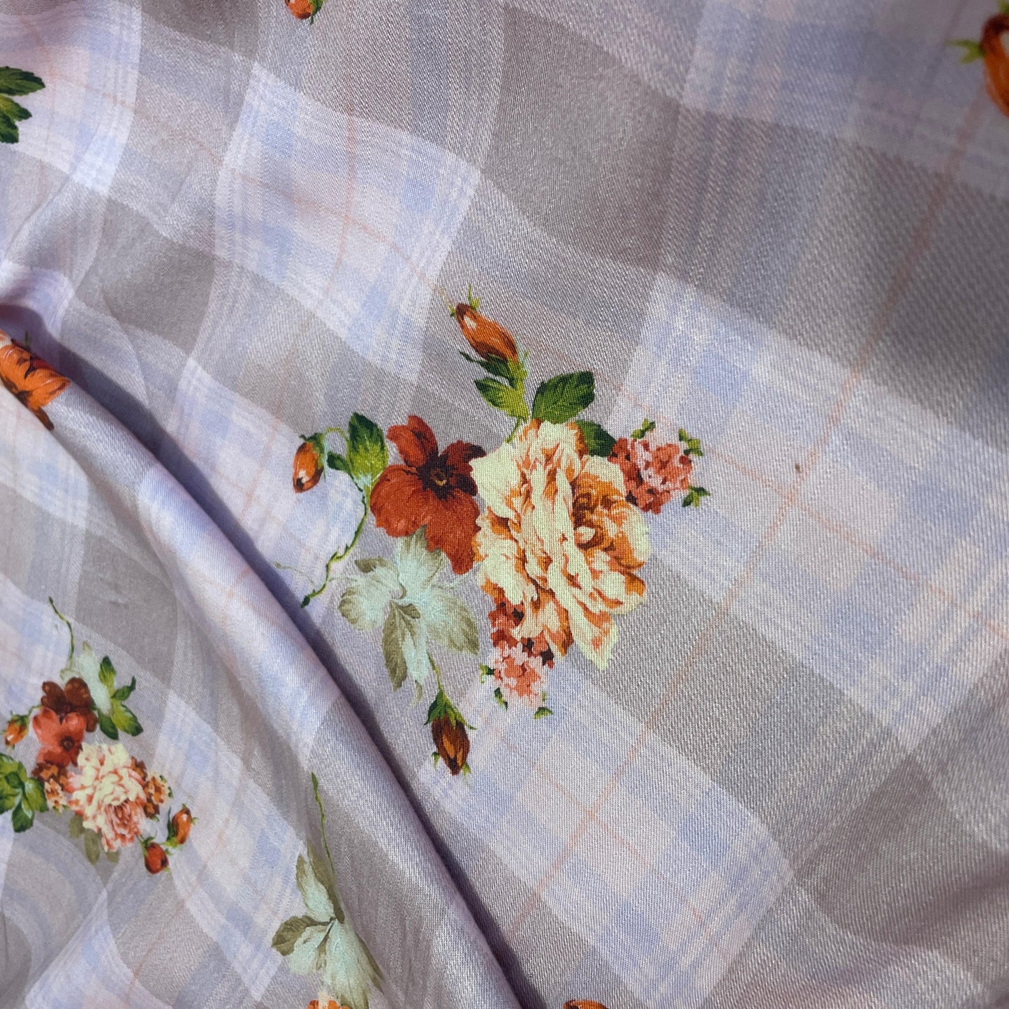 Pink Check Floral Print Spun Fabric 4557