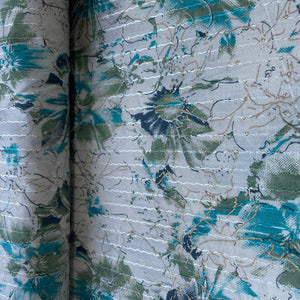 Off White Blue Green Floral Foil Thread Sequins Embroidery Cotton Fabric 15426