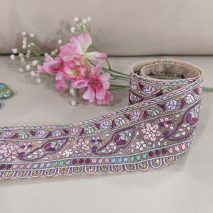 Cream Purple Embroidery Lace 15829