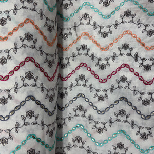 Off White & Multicolor Floral Embroidery With Border Cotton Fabric 11053