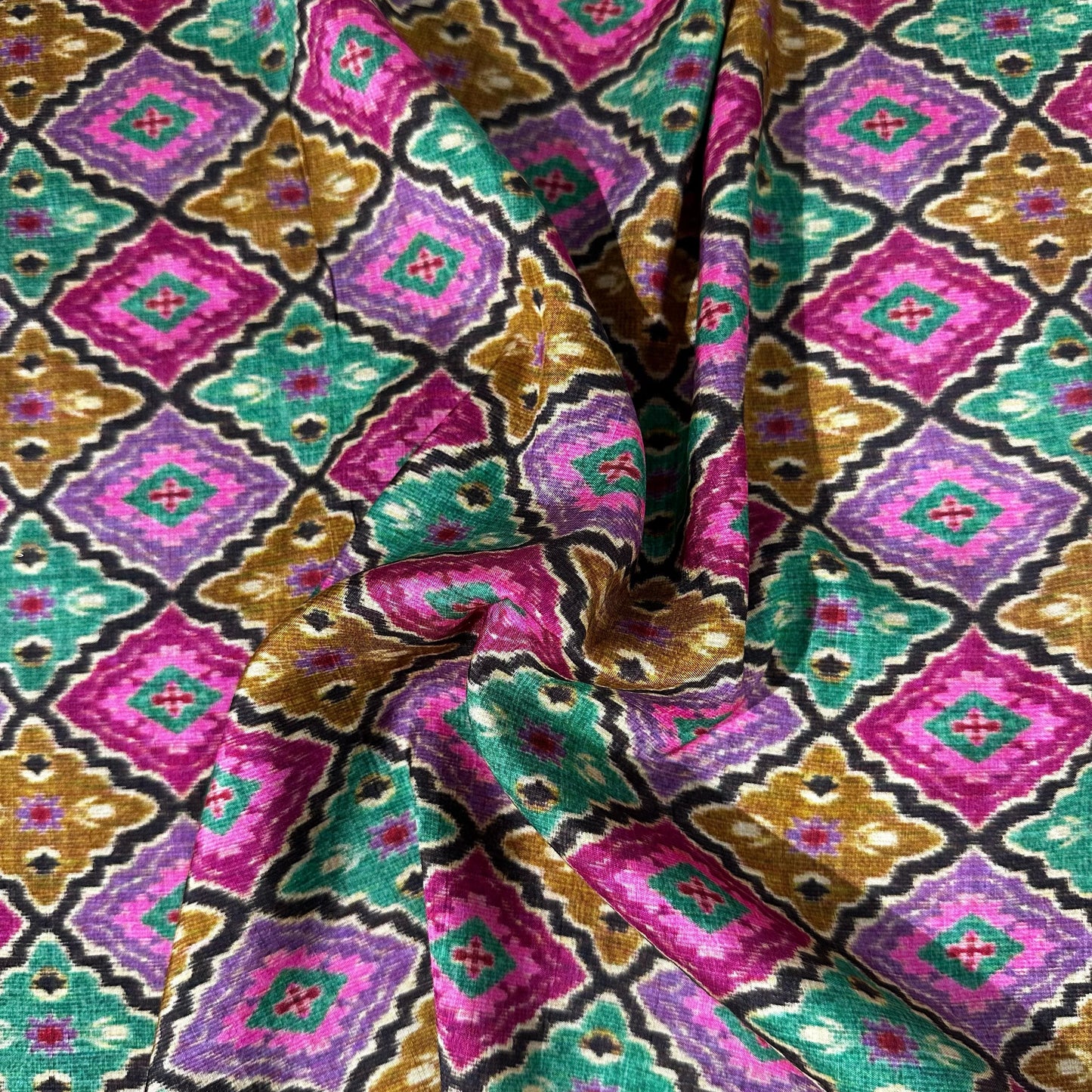 Multicolor Ikkat Print Tusser Silk Fabric 20369