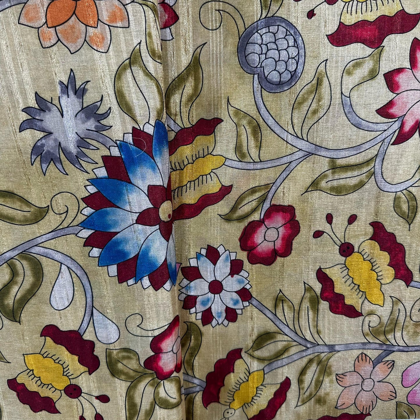 Lemon Multicolor Floral Print Slub Tusser Silk Fabric 12863