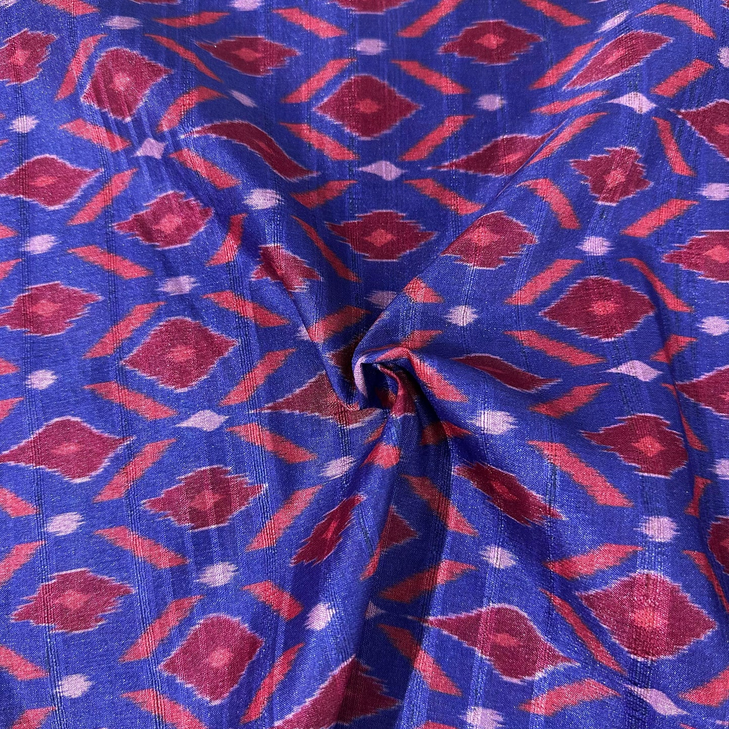 Blue Red Ikkat Print Slub Tusser Silk Fabric 12859