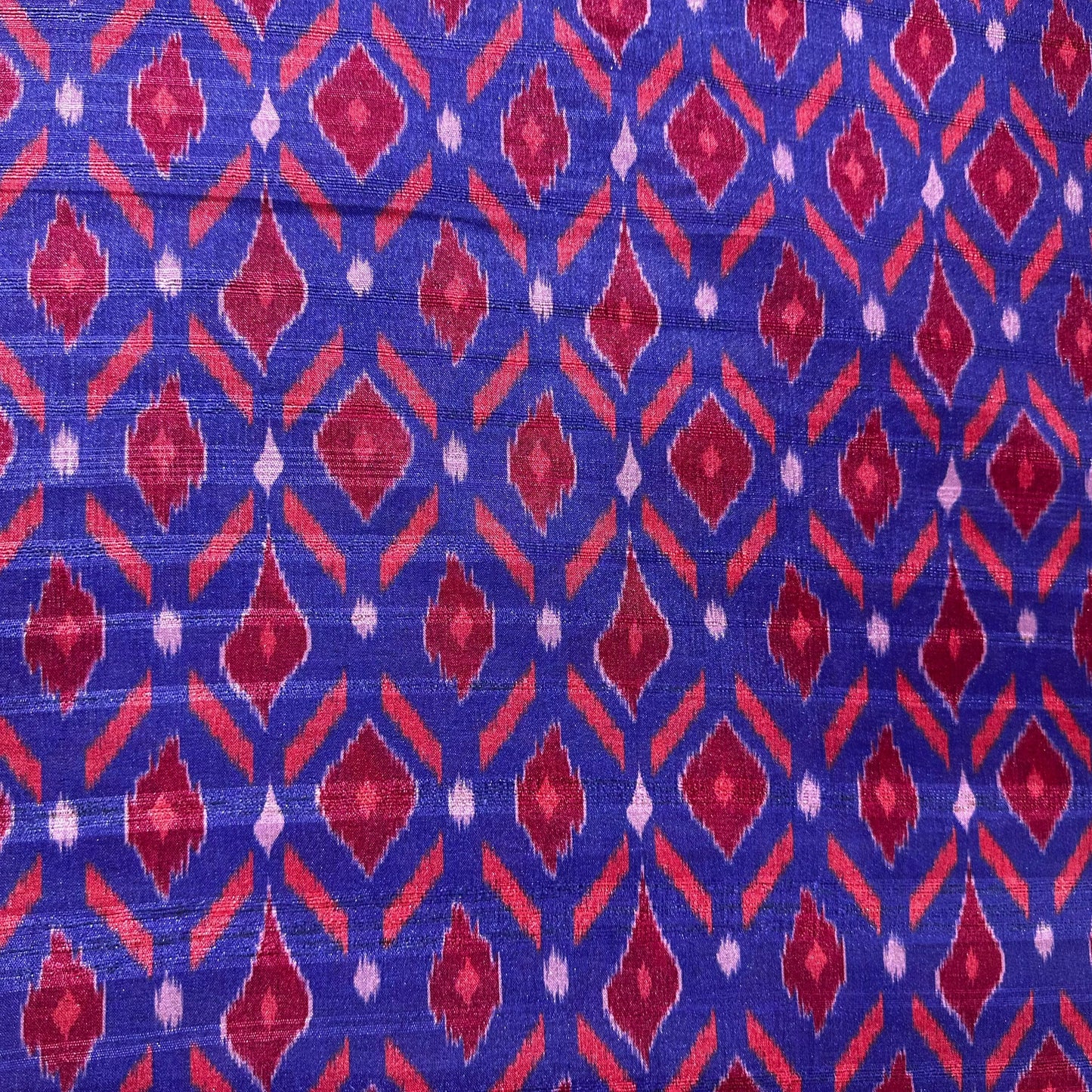 Blue Red Ikkat Print Slub Tusser Silk Fabric 12859