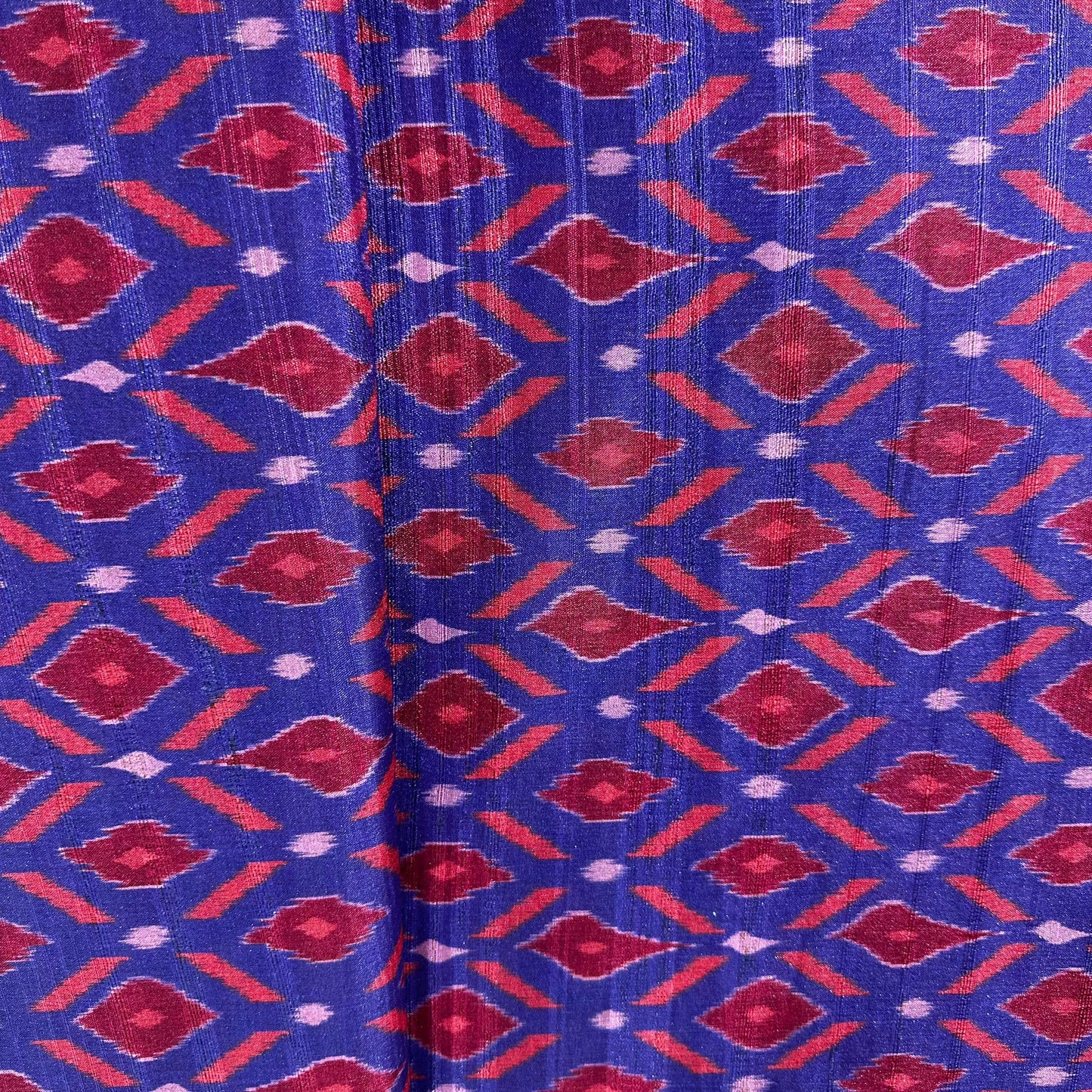 Blue Red Ikkat Print Slub Tusser Silk Fabric 12859