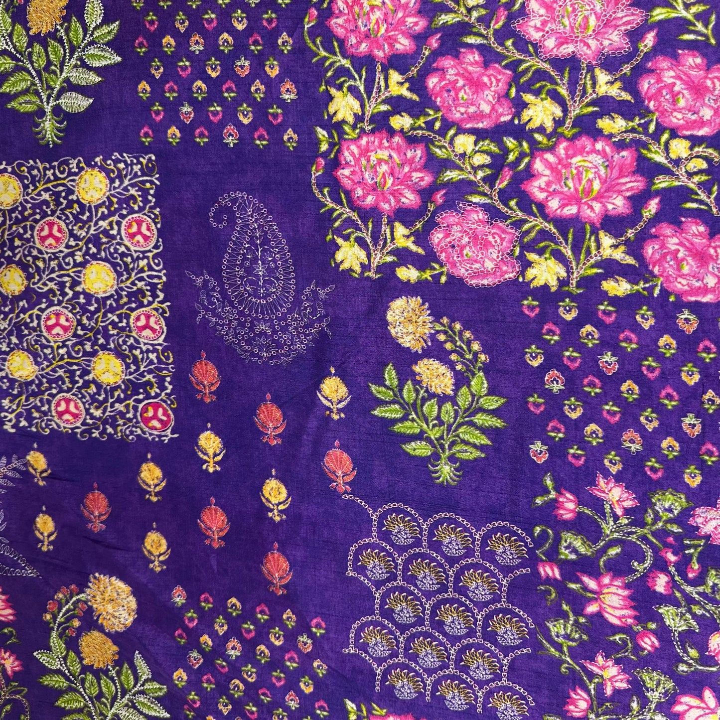 Purple Floral Print Tusser Silk Fabric 20360