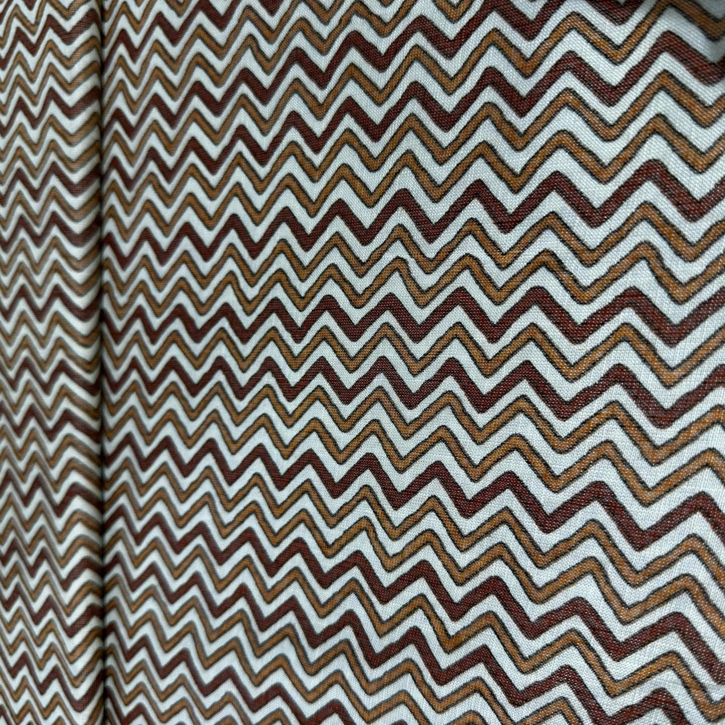 White With Orange And Brown Chevron Print Rayon Fabric 7372