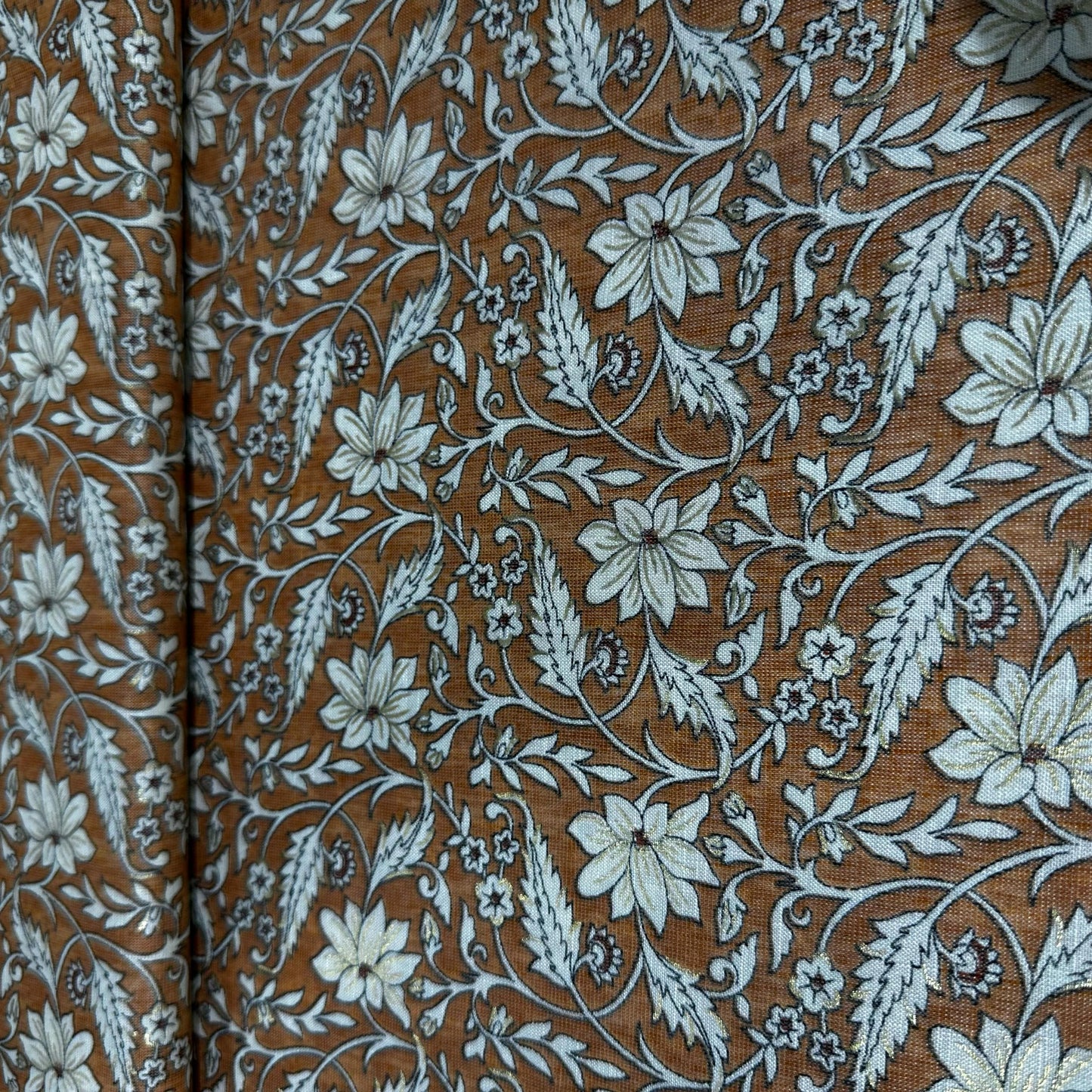Orange Floral Foil Print Rayon Fabric 7375