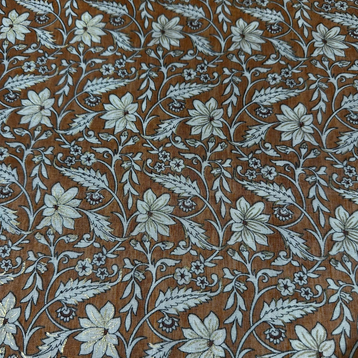 Orange Floral Foil Print Rayon Fabric 7375