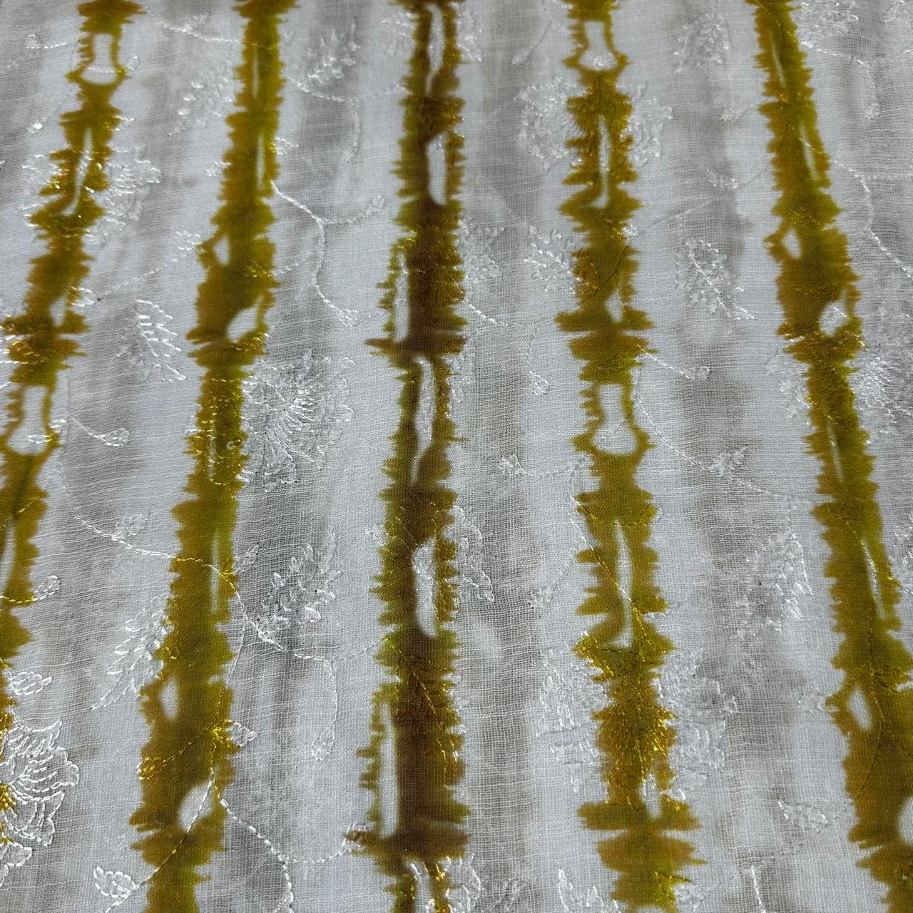 White & Yellow Shibori Embroidery Linen Fabric 12920